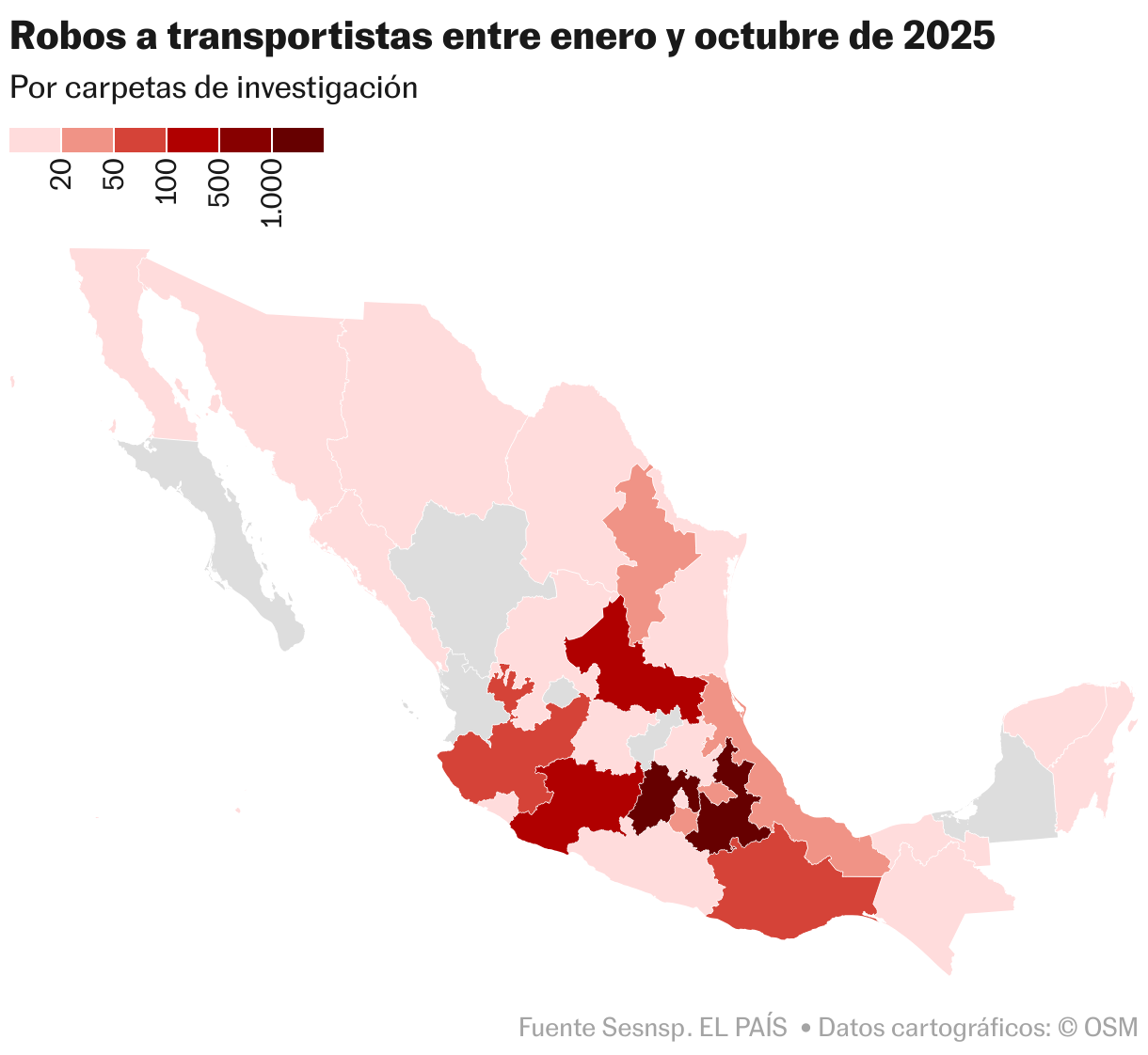Robos a transportistas entre enero y octubre de 2025 (Mapa coroplético)