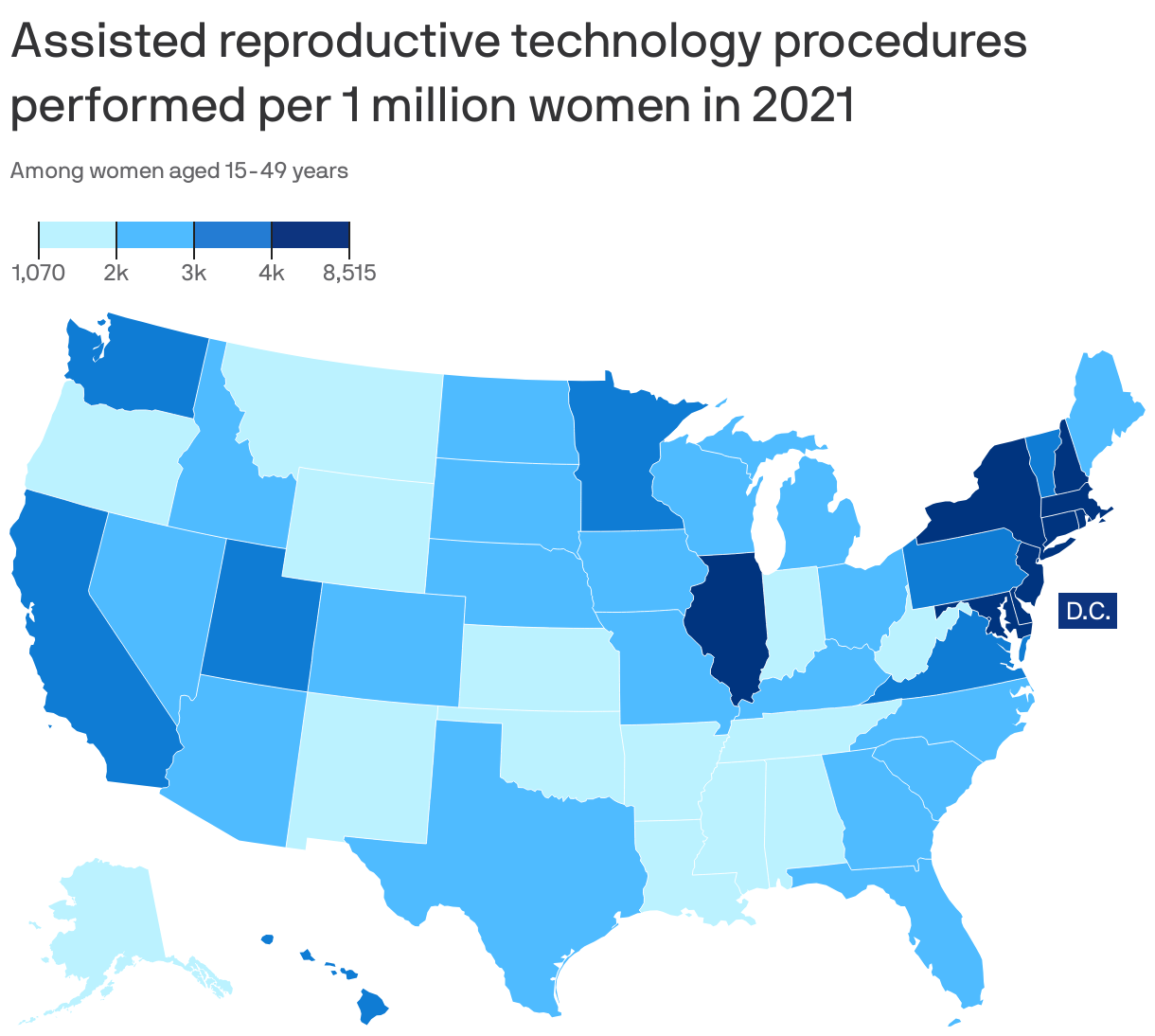 Assisted reproductive technology procedures performed per 1 million women in 2021