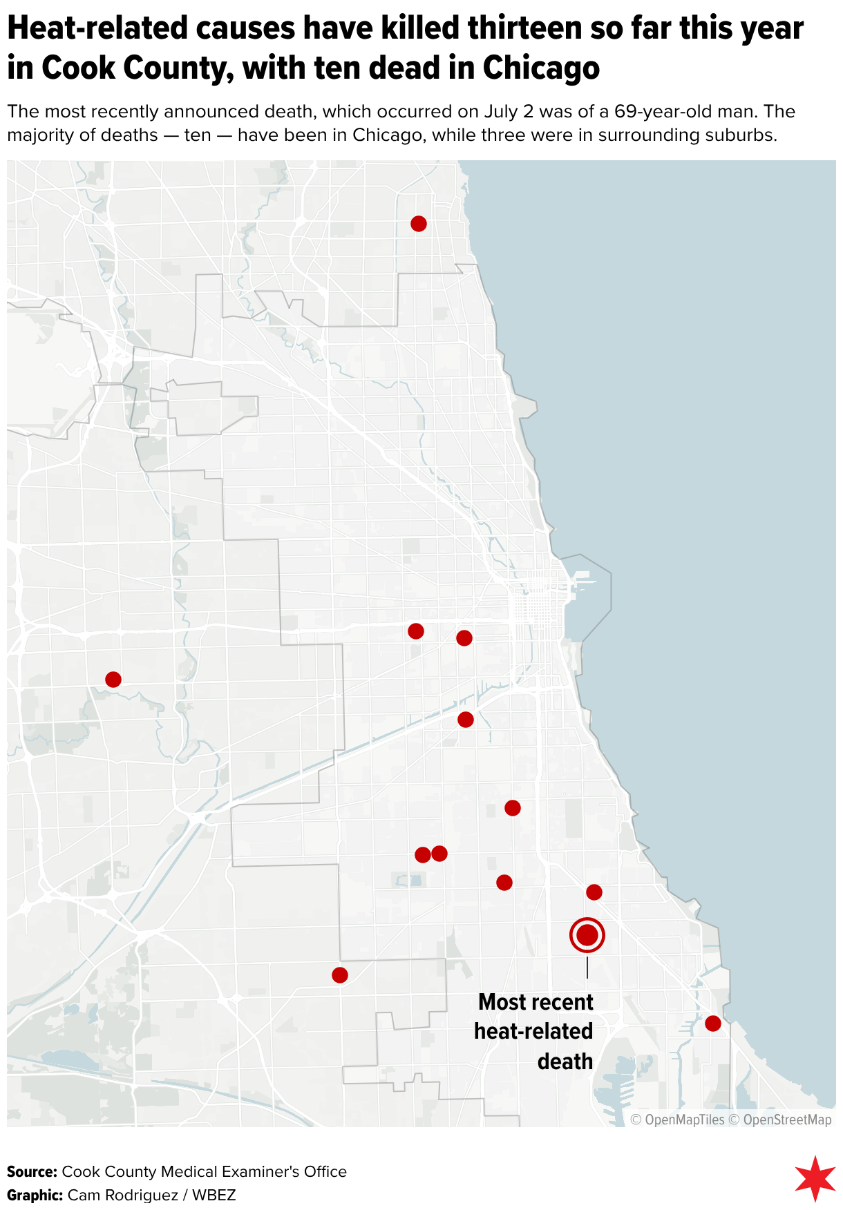 Heat-related causes have killed thirteen so far this year in Cook County, with ten dead in Chicago (Locator map)