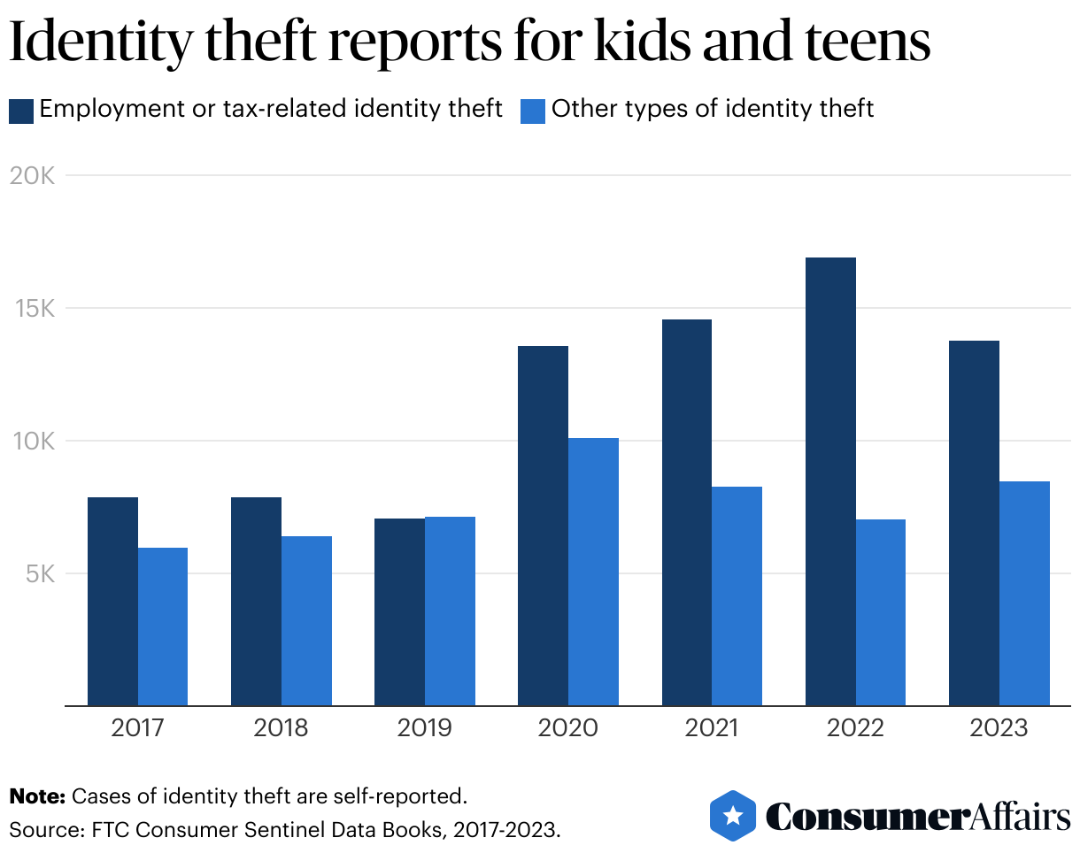 Number of identity theft reports from 19 and under age group by year, broken down by type