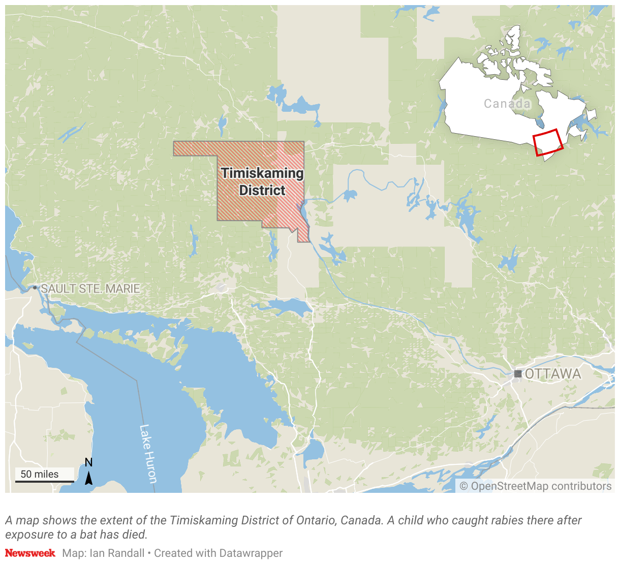 A map shows the extent of the Timiskaming District of Ontario, Canada.