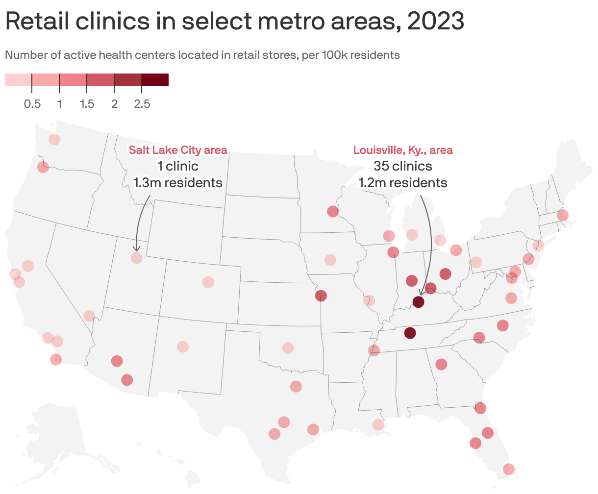 Retail clinics in select metro areas, 2023
