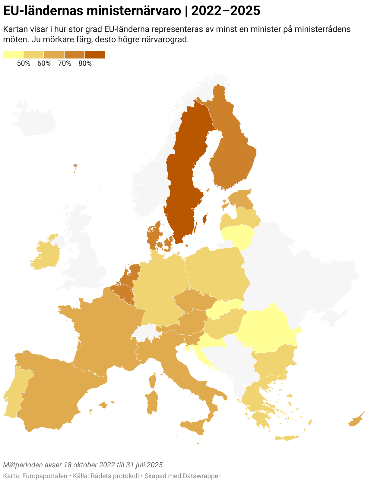 EU-ländernas ministernärvaro | 2022–2025 (Choropleth map)