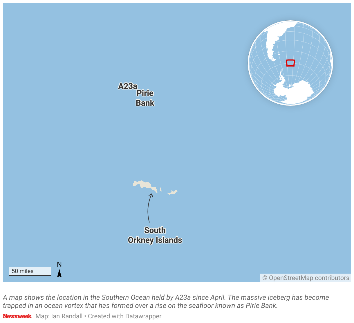 A map shows the location in the Southern Ocean held by A23a since April.