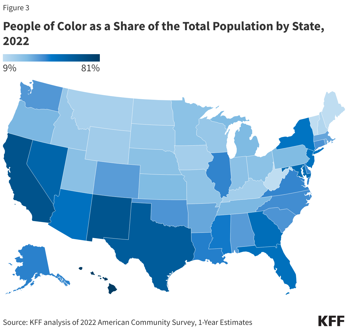 People of Color as a Share of the Total Population by State, 2022 data chart