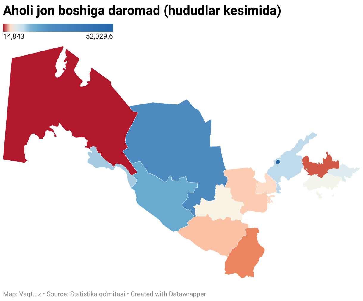 Aholi jon boshiga daromad (hududlar kesimida) (Choropleth map)