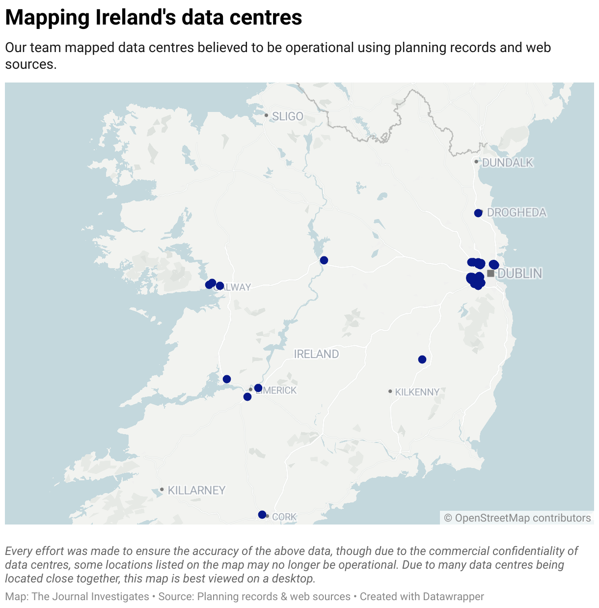 A map of Ireland showing the locations of data centres believed to be operational, with each dot representing a data centre. The data is sourced from planning records and web sources.