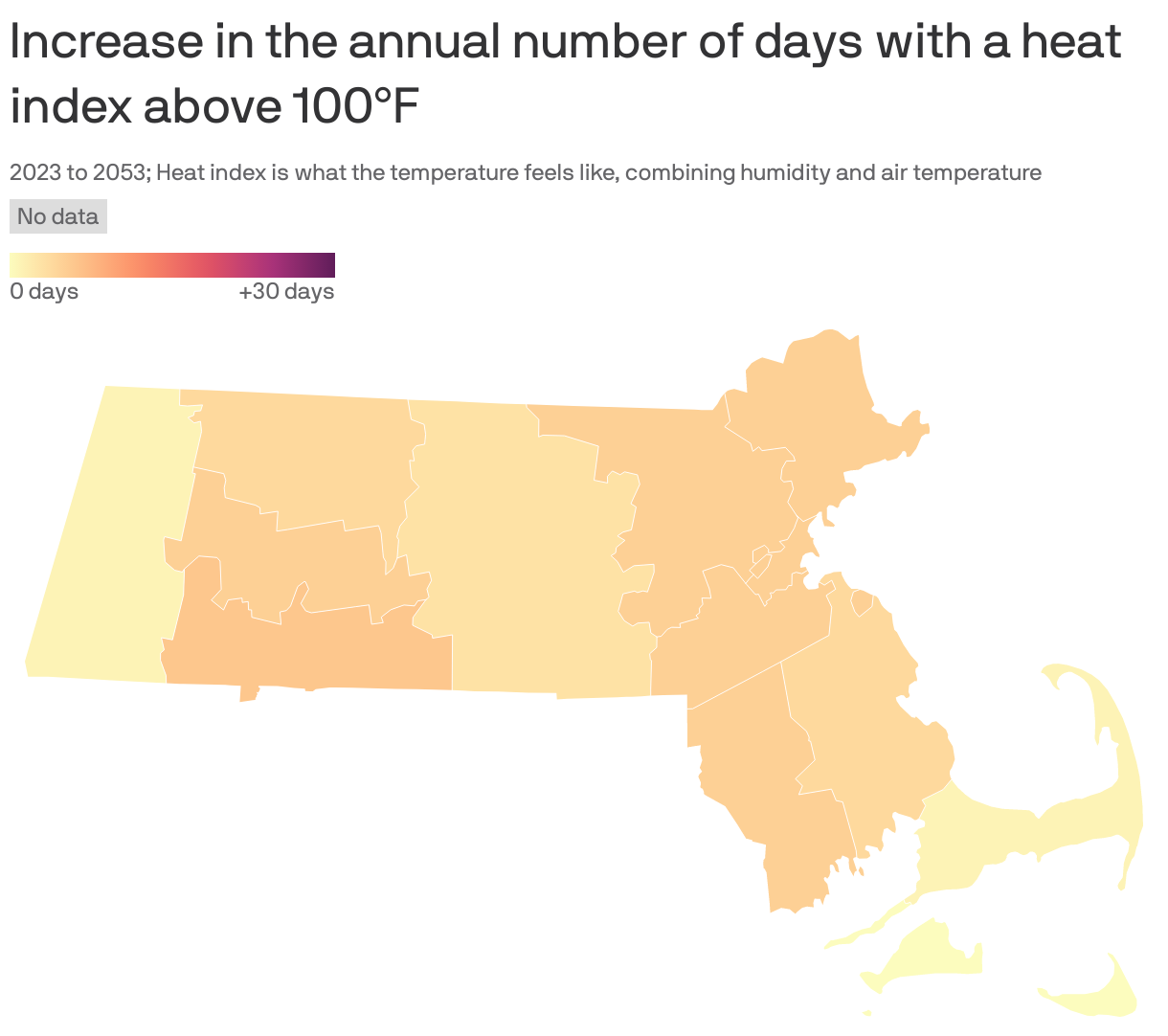 Increase in the annual number of days with a heat index above 100°F