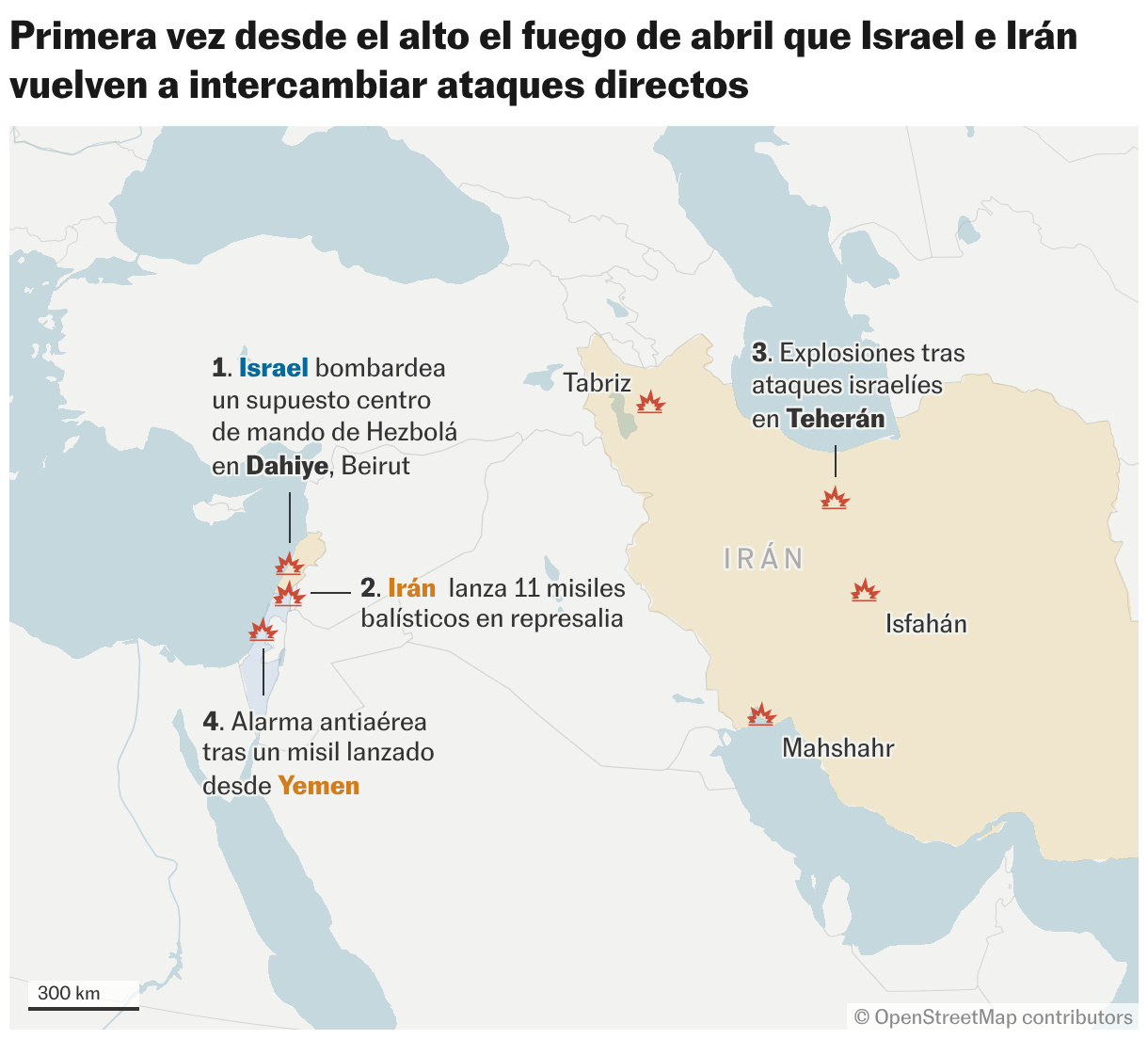 Primera vez desde el alto el fuego de abril que Israel e Irán vuelven a intercambiar ataques directos (Mapas de ubicación)