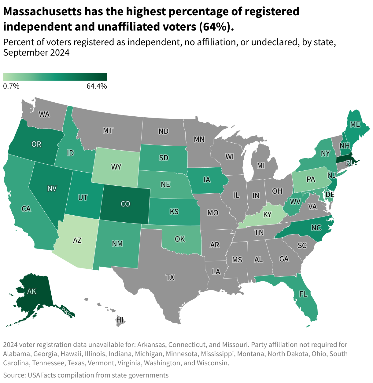 Percent of voters registered as independent, no affiliation, or undeclared, by state, September 2024