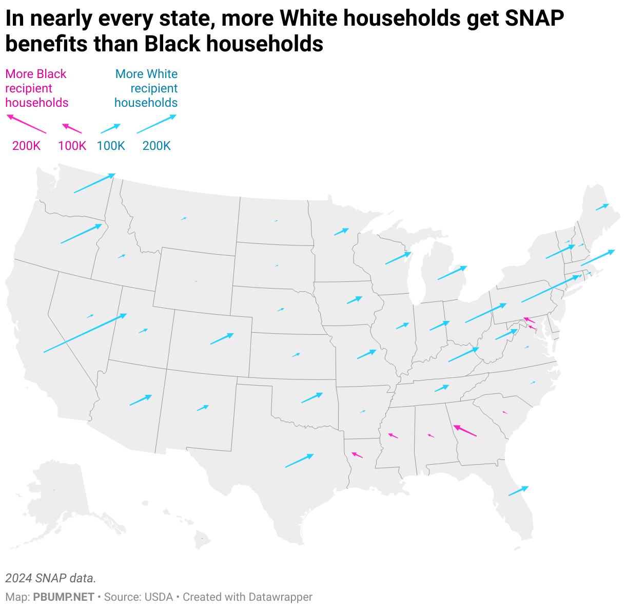 In nearly every state, more White households get SNAP benefits than Black households (Symbol map)