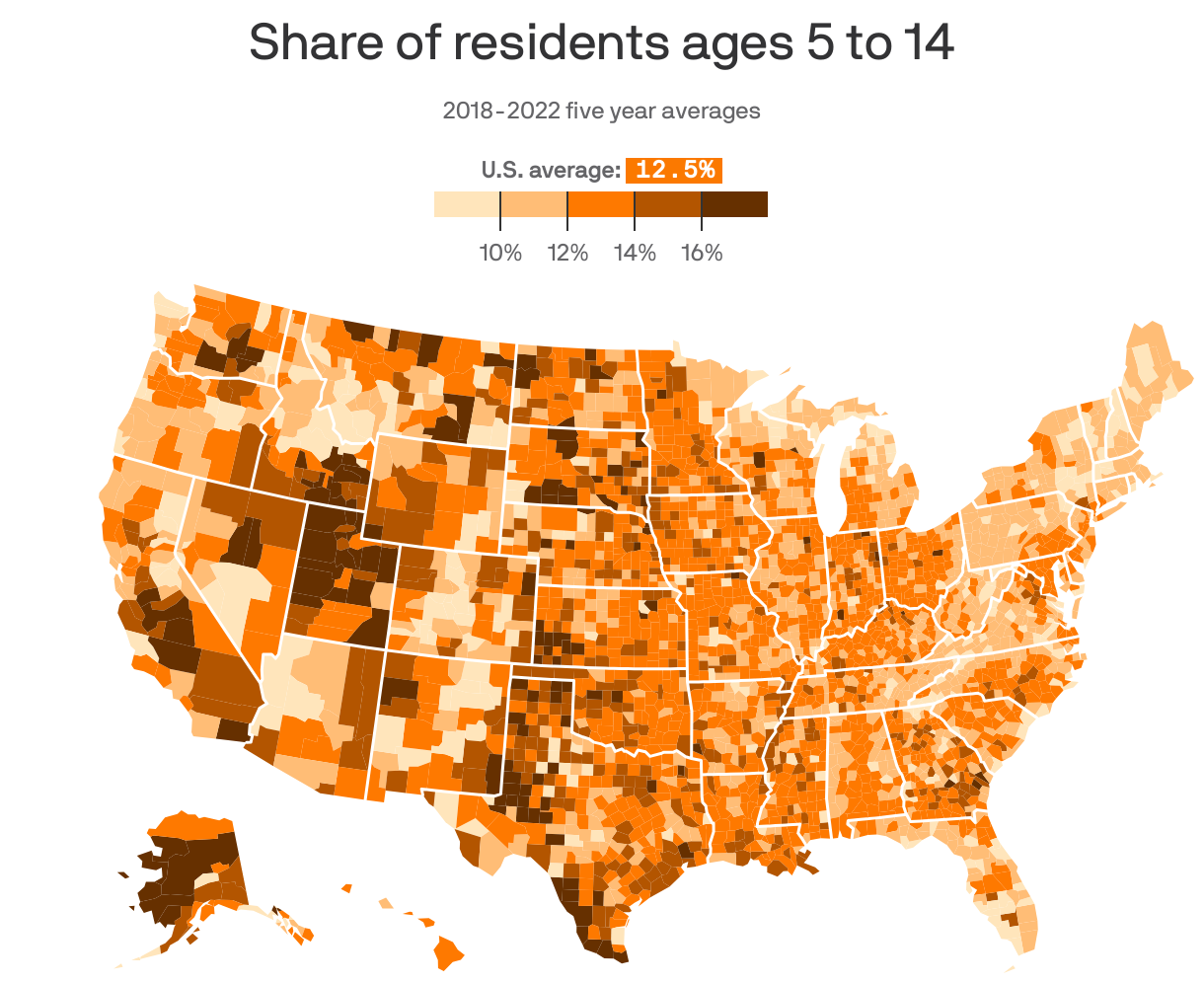 A county choropleth map showing the share of residents who are ages 5-14.