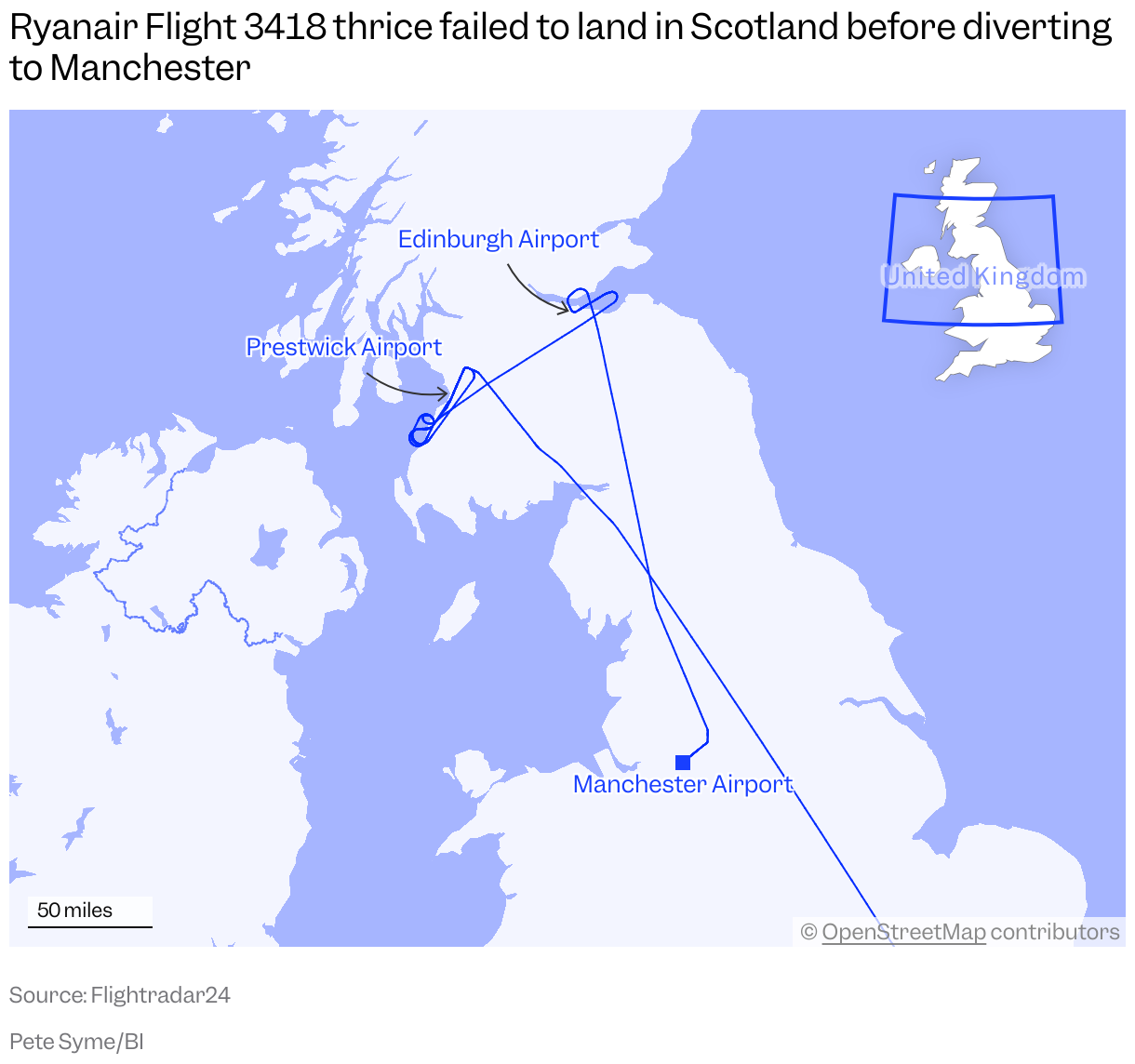 A map of the UK showing the path of Ryanair Flight 3418, circling around Glasgow Prestwick Airport, then Edinburgh Airport, before diverting to Manchester Airport, on October 3, 2025.
