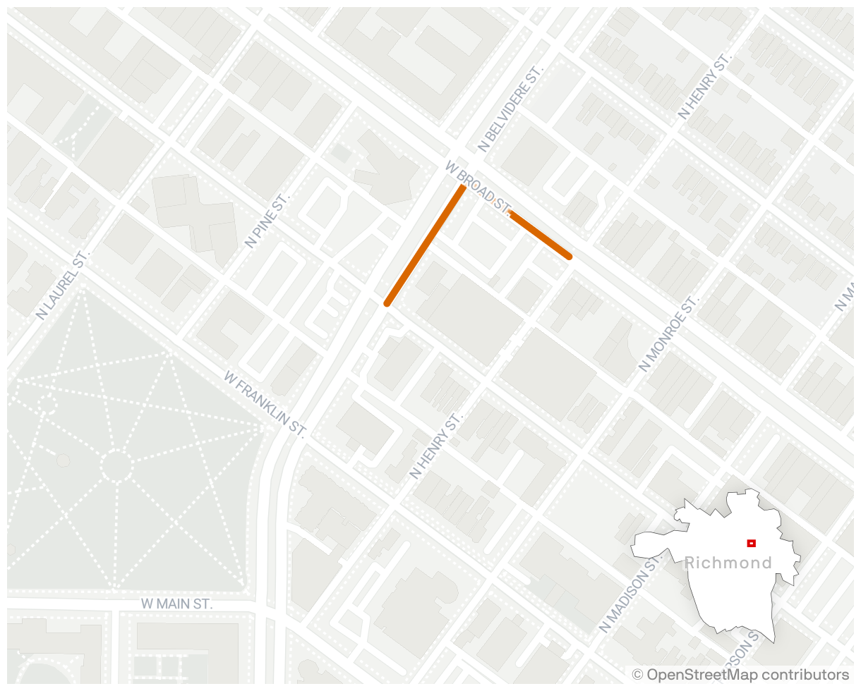 Map shows the location of street closures in Richmond: the southeast corner of W. Broad and N. Belvedere Streets.
