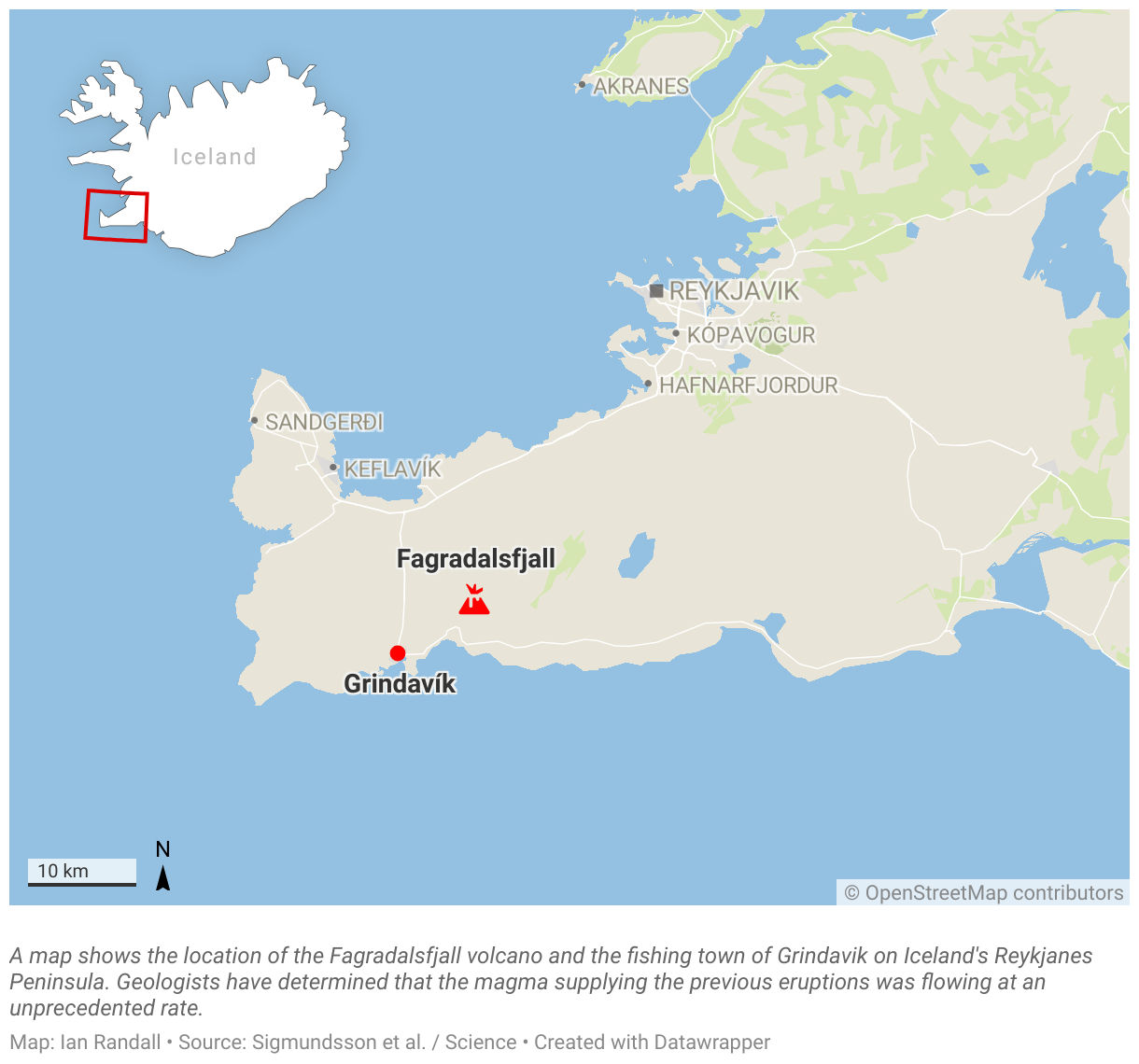 A map shows the location of the Fagradalsfjall volcano and the fishing town of Grindavik on Iceland's Reykjanes Peninsula.