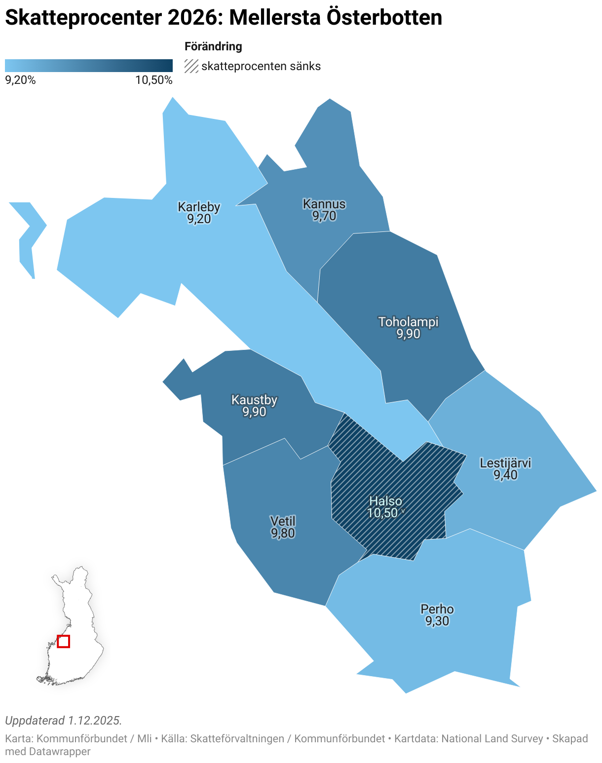 Skatteprocenter 2026: Mellersta Österbotten (Choropleth map)