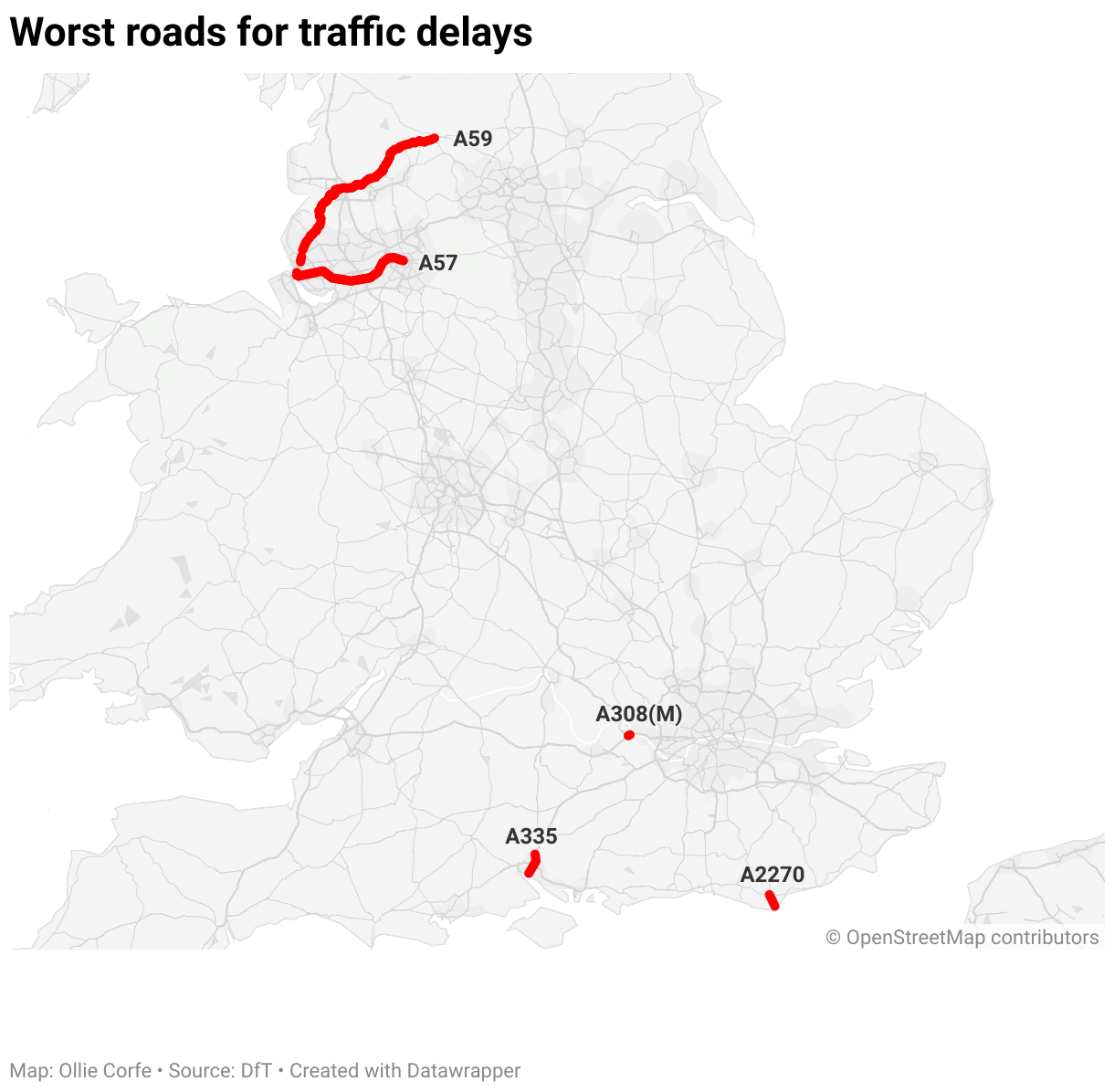 Map of most delayed roads in England.