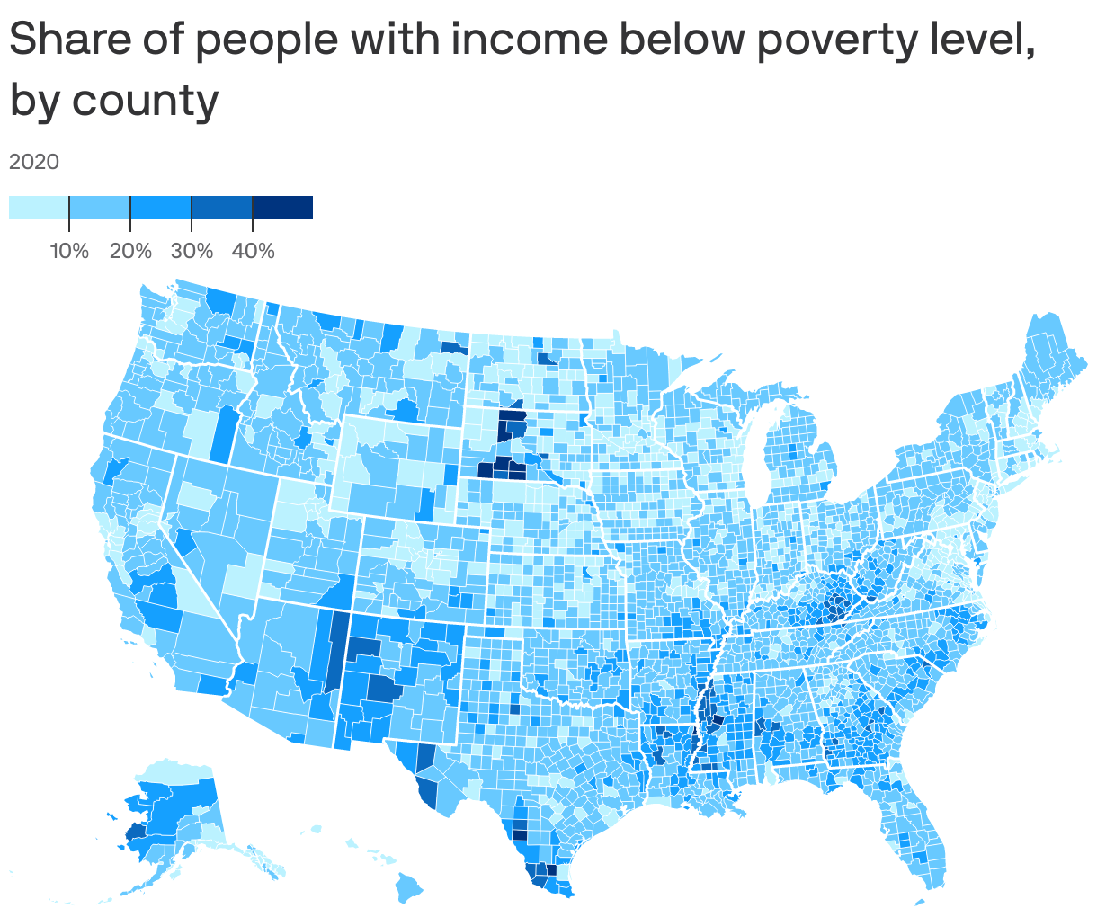 Share of people with income below poverty level, by county