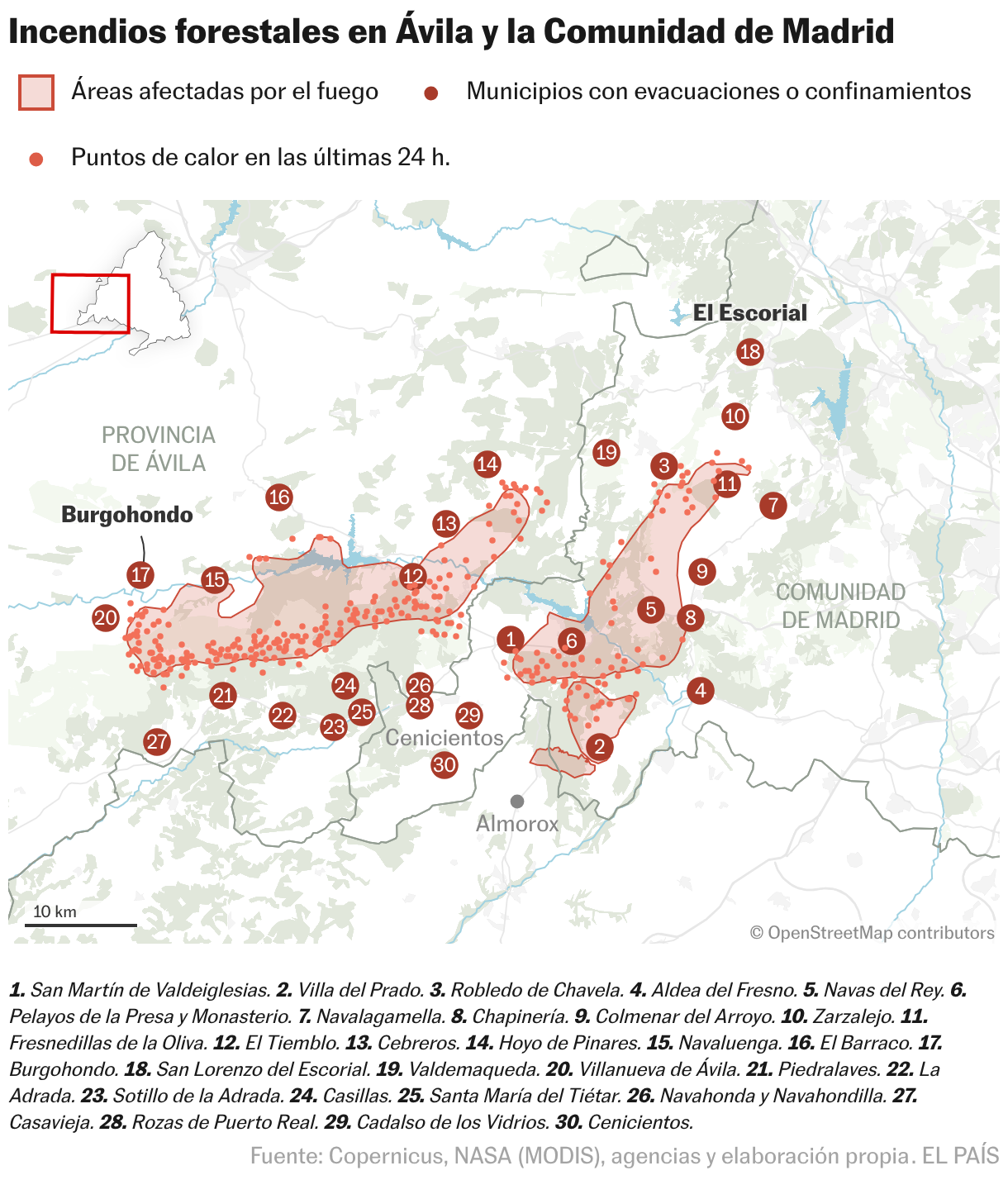 Incendios forestales en Ávila y la Comunidad de Madrid (Mapas de ubicación)