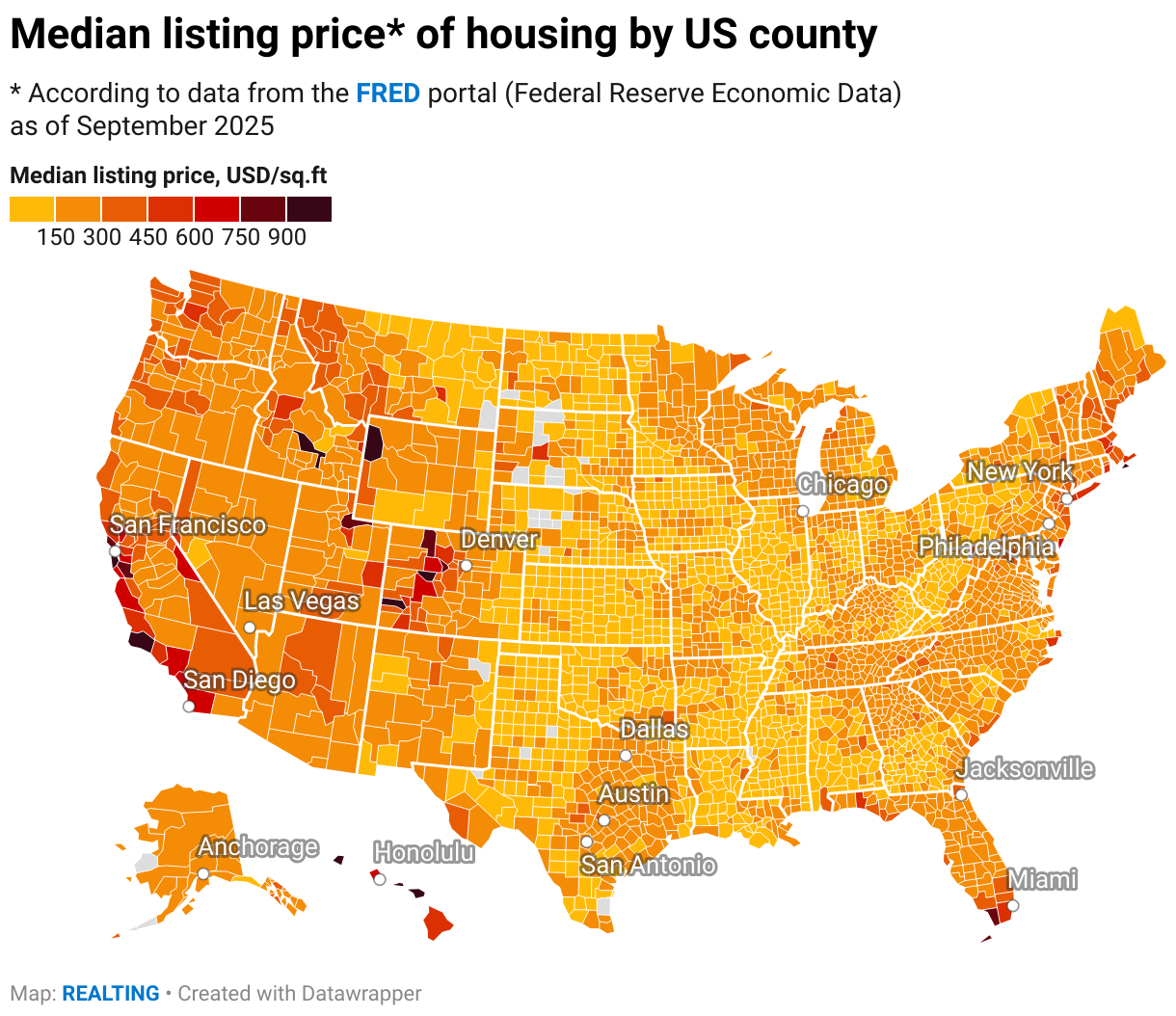 Median listing price* of housing by US county (Choropleth map)