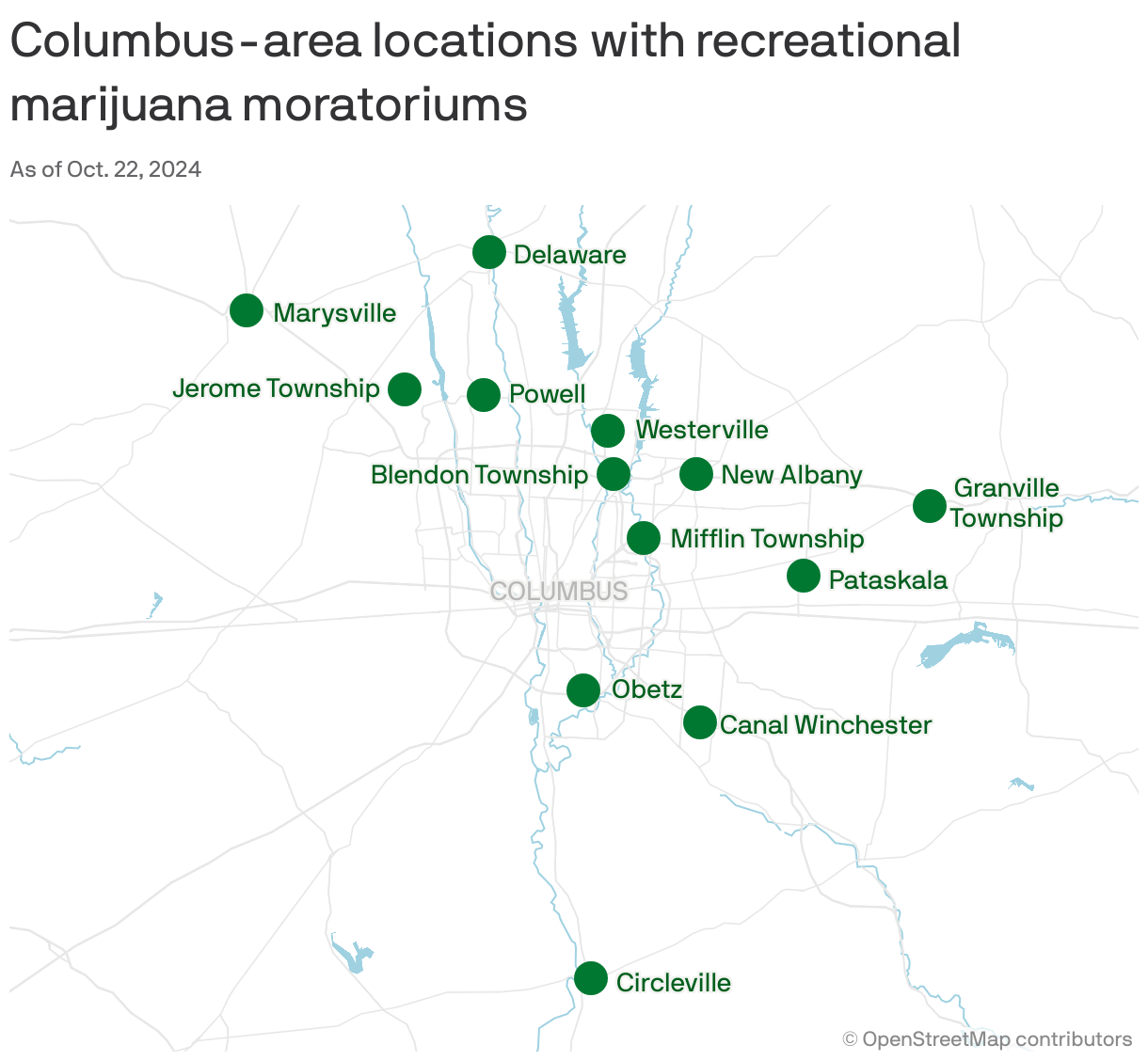 A map showing ten Columbus-area locations with recreational marijuana moratoriums as of Oct. 22, 2024