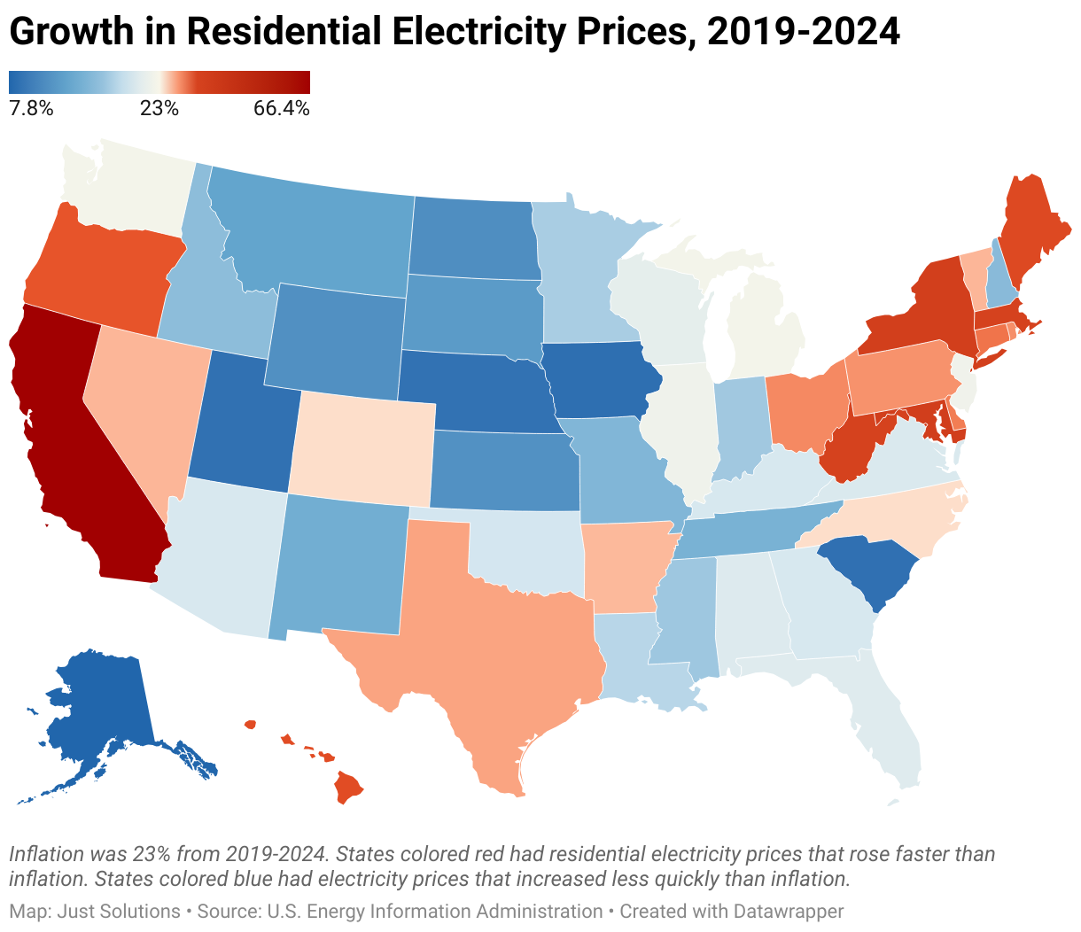 Map of the percentage increase in residential electricity prices, by U.S. state, from 2019-2024.