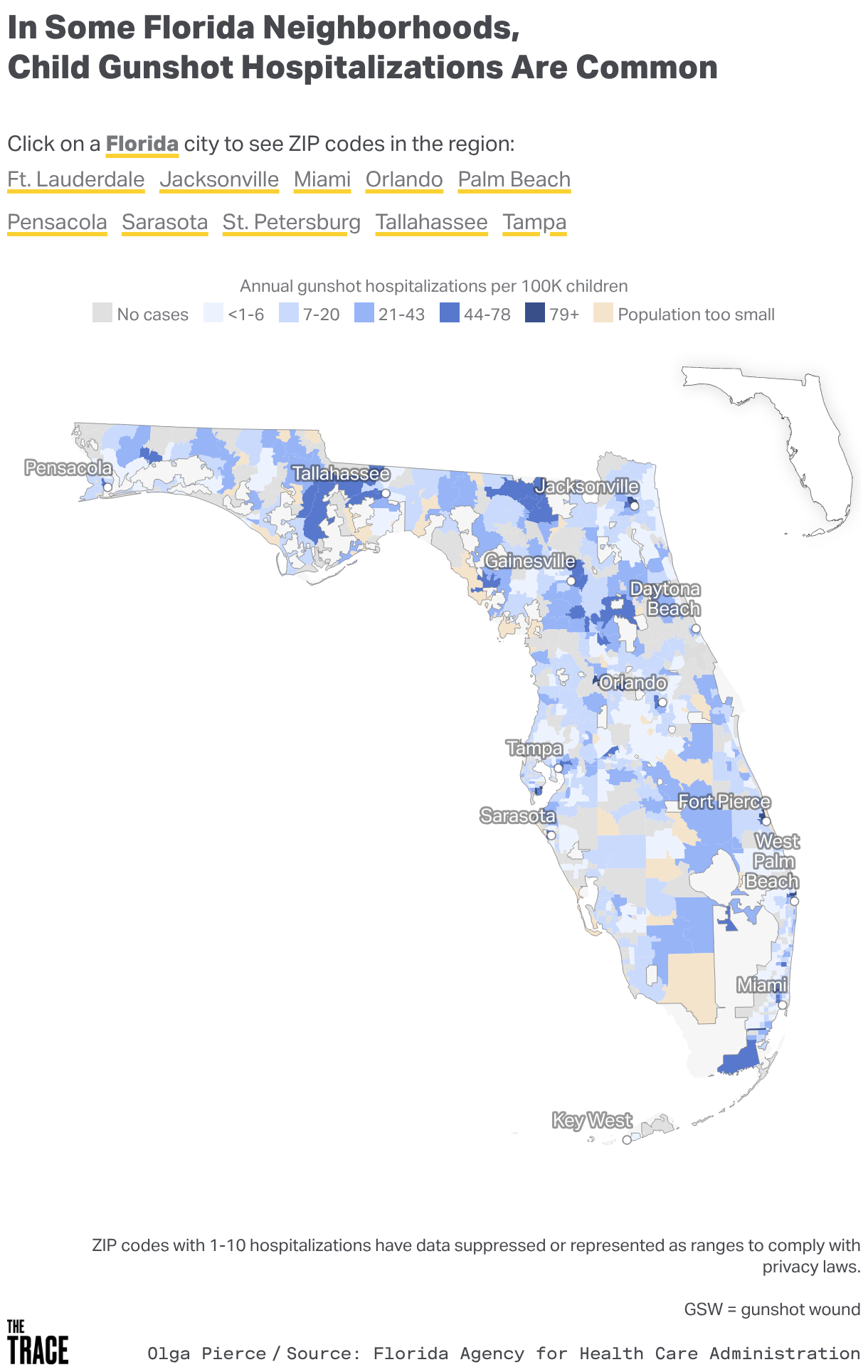 A zip code choropleth map of Florida shaded in blue by gunshot hospitalizations per 100k children. Shade buckets are: No cases, 0-7, 7-21,21-44,44-79,79-140, Population too small. Click the city names to visit those regions and see zip codes with smaller geographic areas.