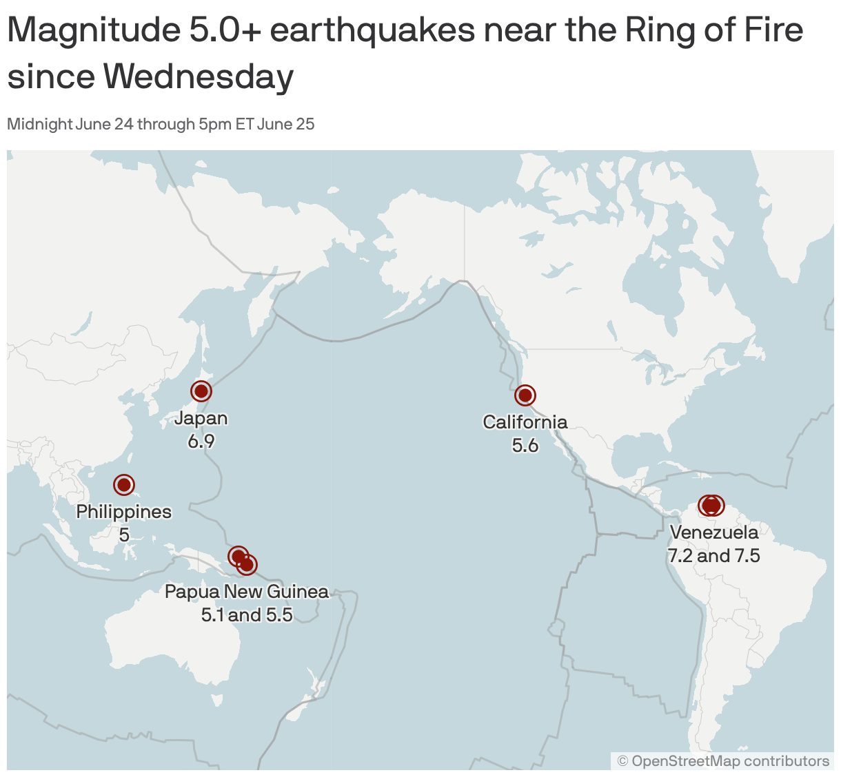 A map shows earthquakes with a magnitude of 5.0 and higher near the Ring of Fire Wednesday and Thursday. Papua New Guinea, Japan, California and Venezuela all experienced large earthquakes. 
