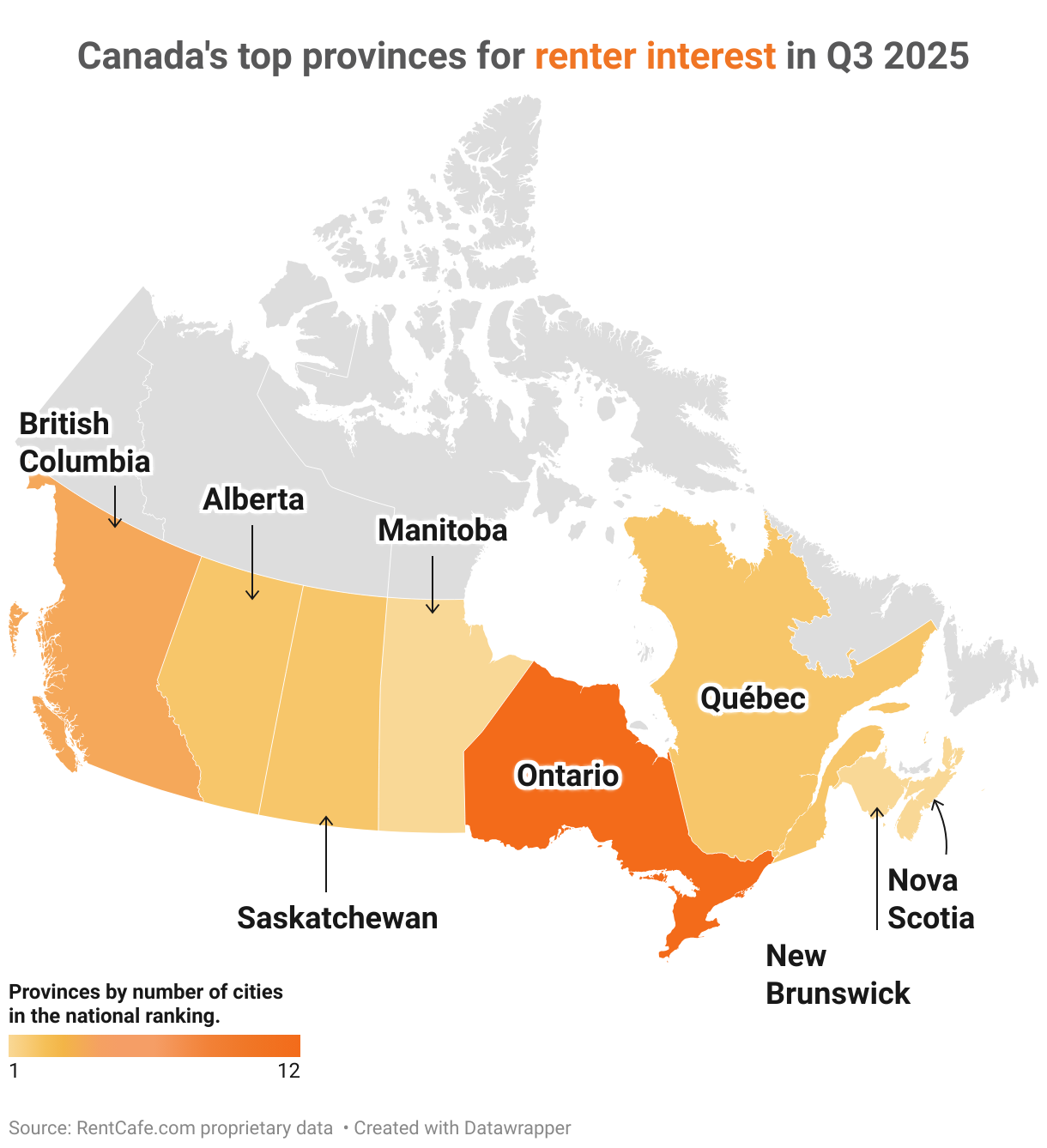 Canada's top provinces for renter interest in Q3 2025 (Choropleth map)