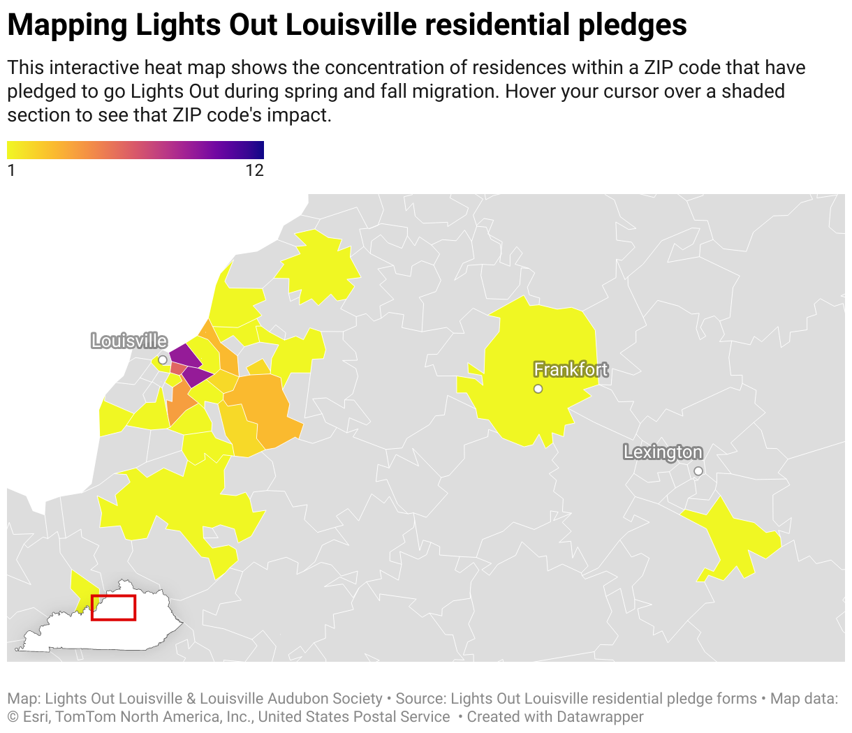 An interactive heat map showing the concentration of residences going Lights Out, mapped by Kentucky ZIP codes