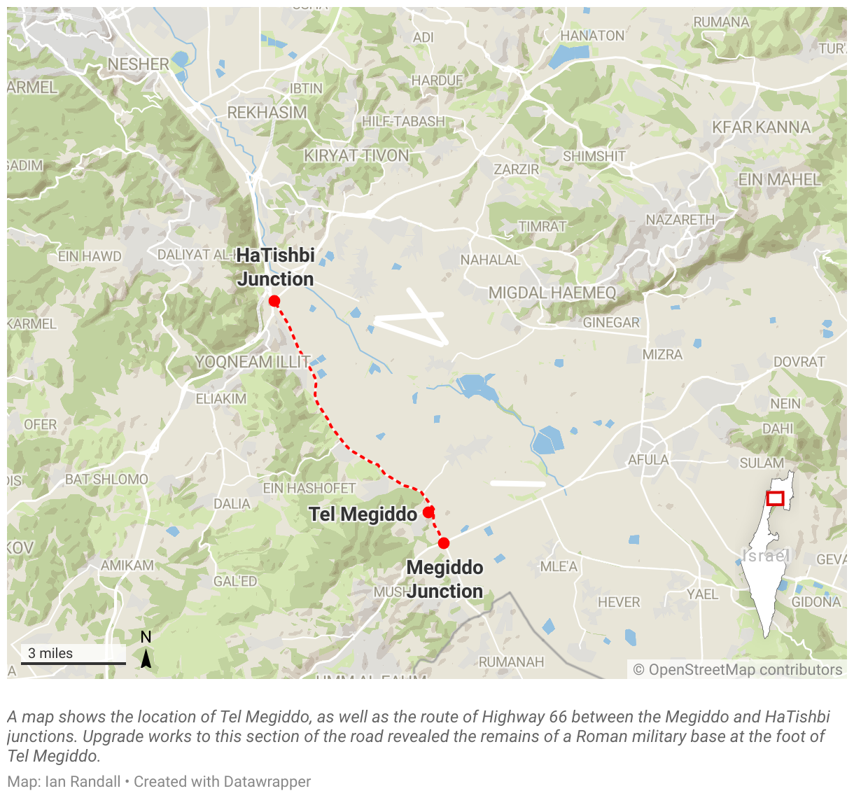 A map shows the location of Tel Megiddo, as well as the route of Highway 66 between the Megiddo and HaTishbi junctions.