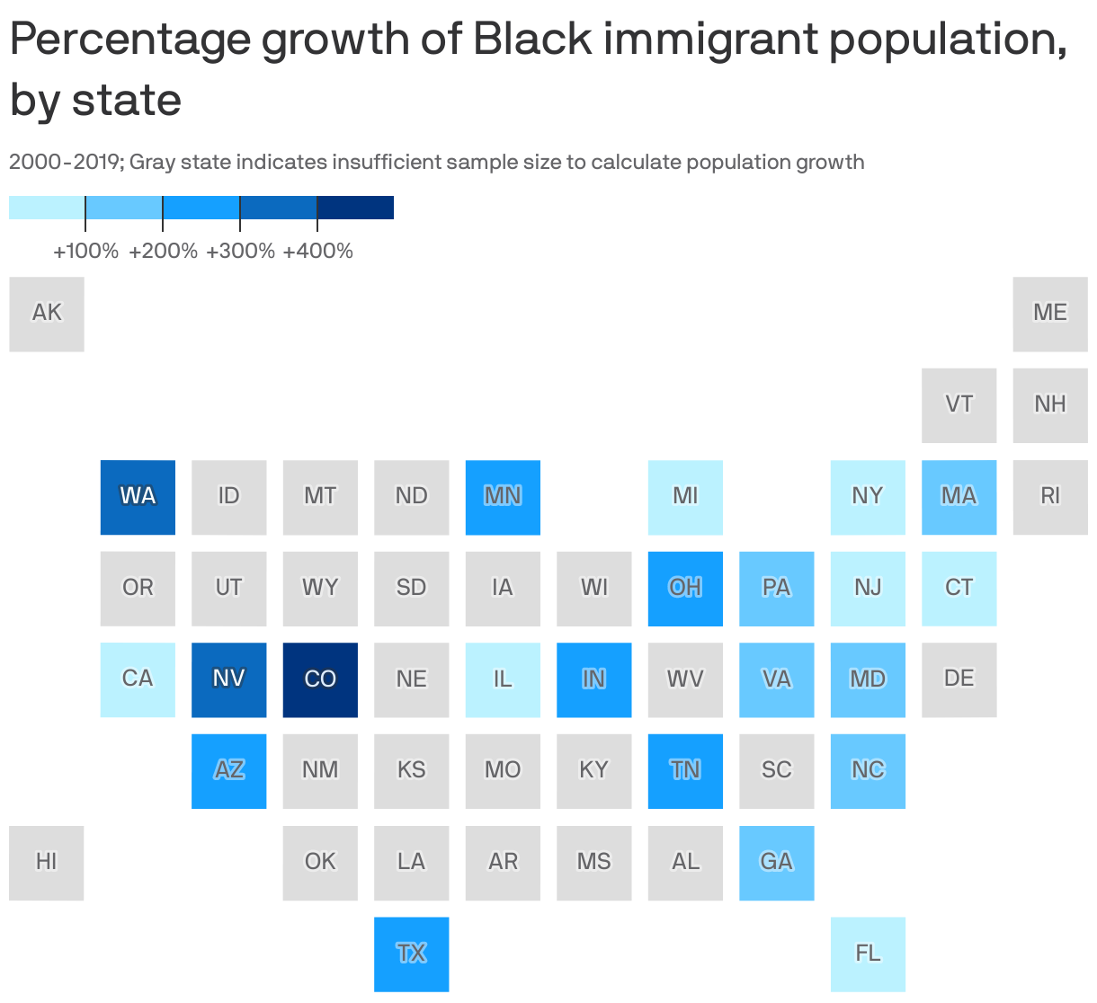 Percentage growth of Black immigrant population, by state