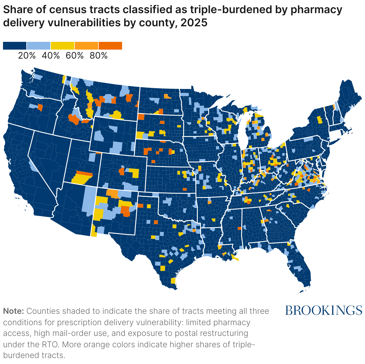 Share of census tracts classified as triple-burdened by pharmacy delivery vulnerabilities by county, 2025 (Choropleth map)