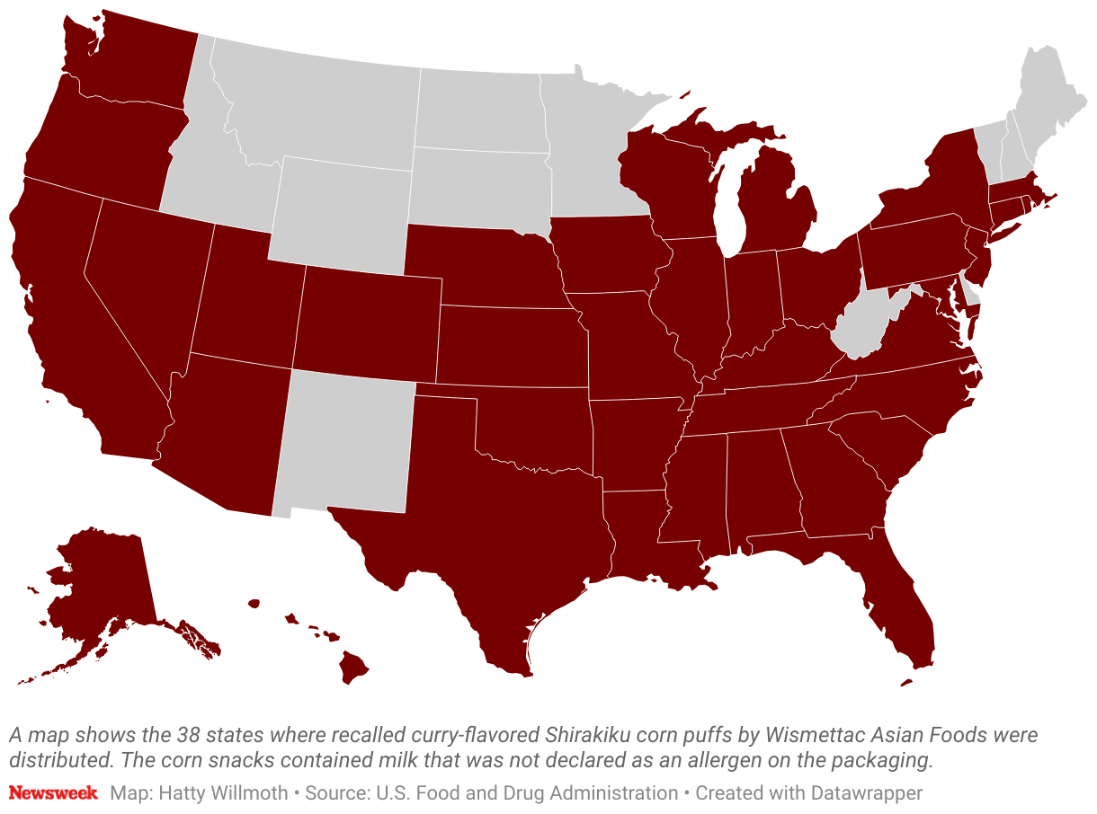 El mapa muestra los 38 estados donde Wismettac Asian Foods distribuye los Shirakiku Corn Puffs con sabor a curry retirados del mercado. Los snacks de maíz contenían leche que no estaba declarada alérgeno en el envase.