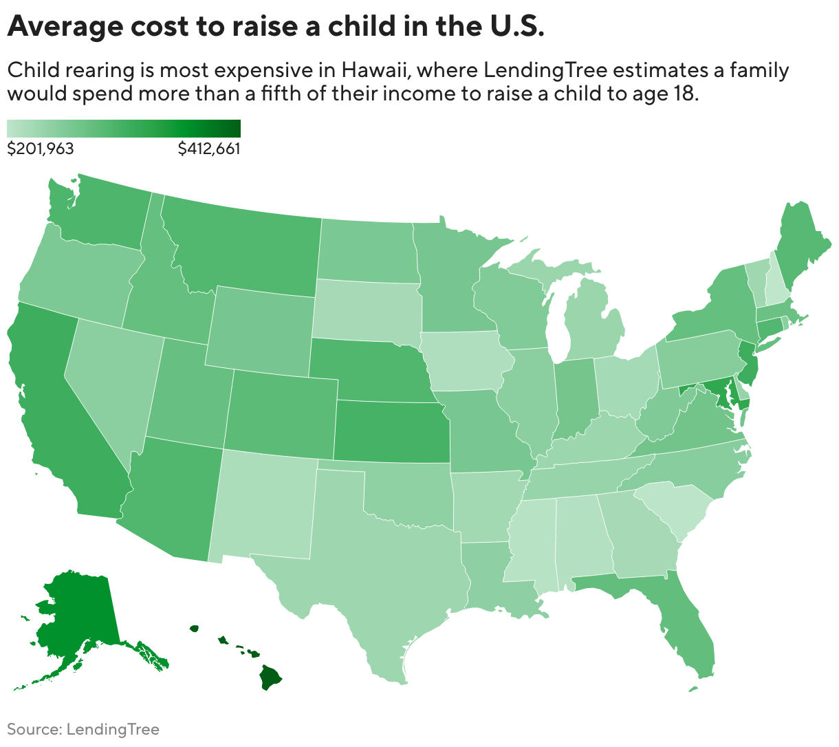 Average cost to raise a child in the U.S. (Choropleth map)