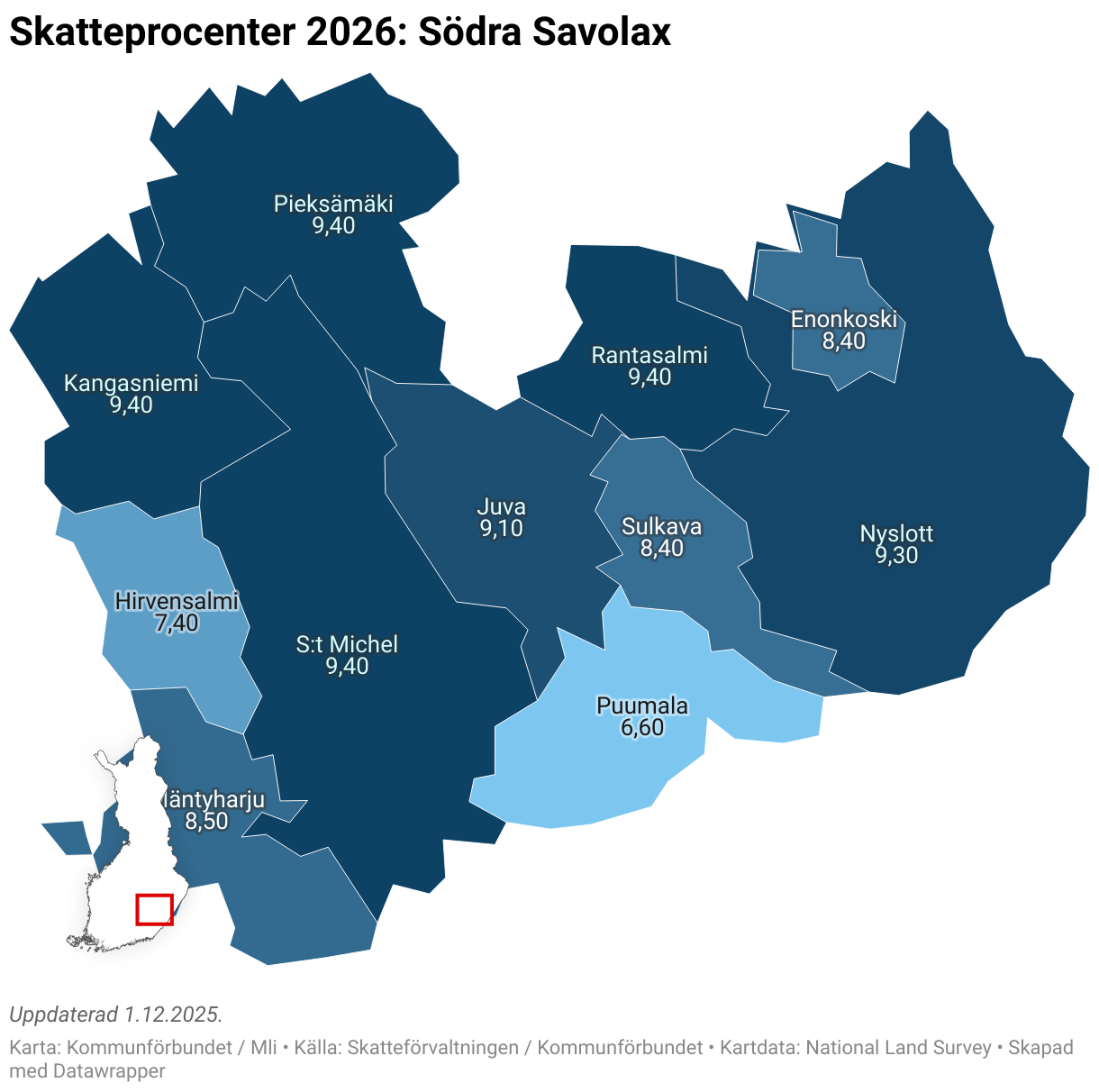 Skatteprocenter 2026: Södra Savolax (Choropleth map)