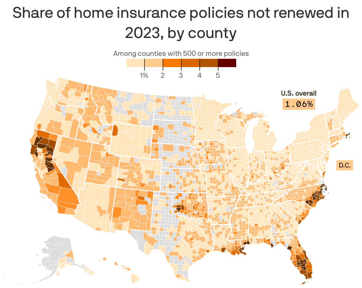 A county-level map of the U.S. showing which counties saw the highest share of home insurance polities that were not renewed in 2023. Most of the country saw a rate less than 1.5%. But areas like Florida, the California foothils and the coast of the Carolinas saw higher nonrenewal rates than the rest of the country.