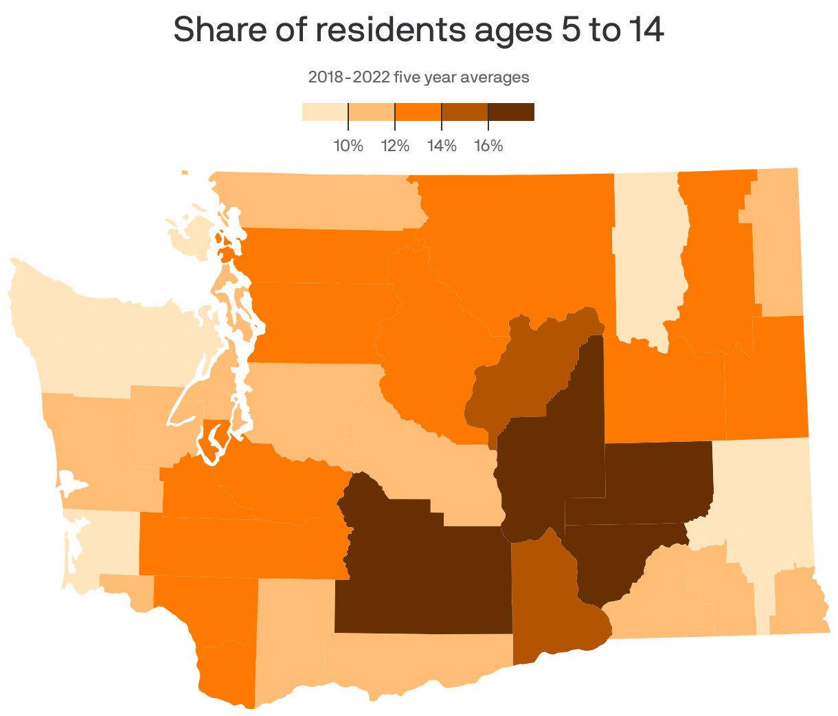 A county choropleth map showing the share of residents who are ages 5-14.