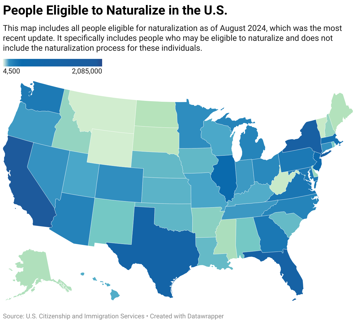 A map of people who could be naturalized as of August 2024 by state.
