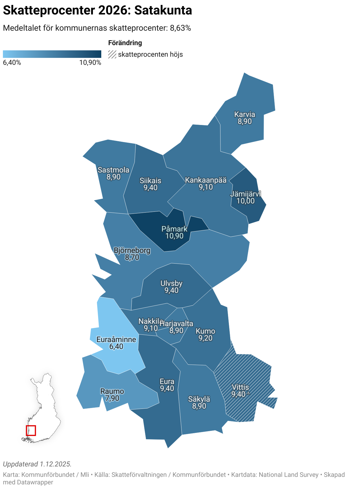 Skatteprocenter 2026: Satakunta (Choropleth map)