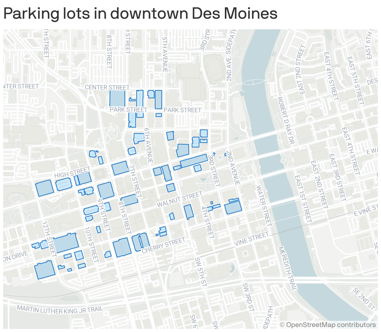 Parking lots in downtown Des Moines