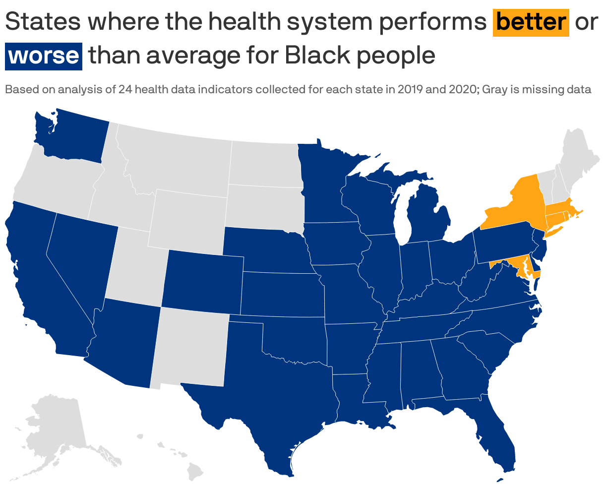 States where the health system performs <b style='padding: 0px 3px 2px 3px; background-color: #ffa515; color: black;'>better</b> or <b style='padding: 0px 3px 2px 3px; background-color: #00347f; color: white;'>worse</b> than average for Black people