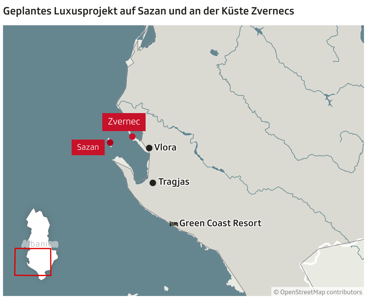 Geplantes Luxusprojekt auf Sazan und an der Küste Zvernecs (Locator-Karte)
