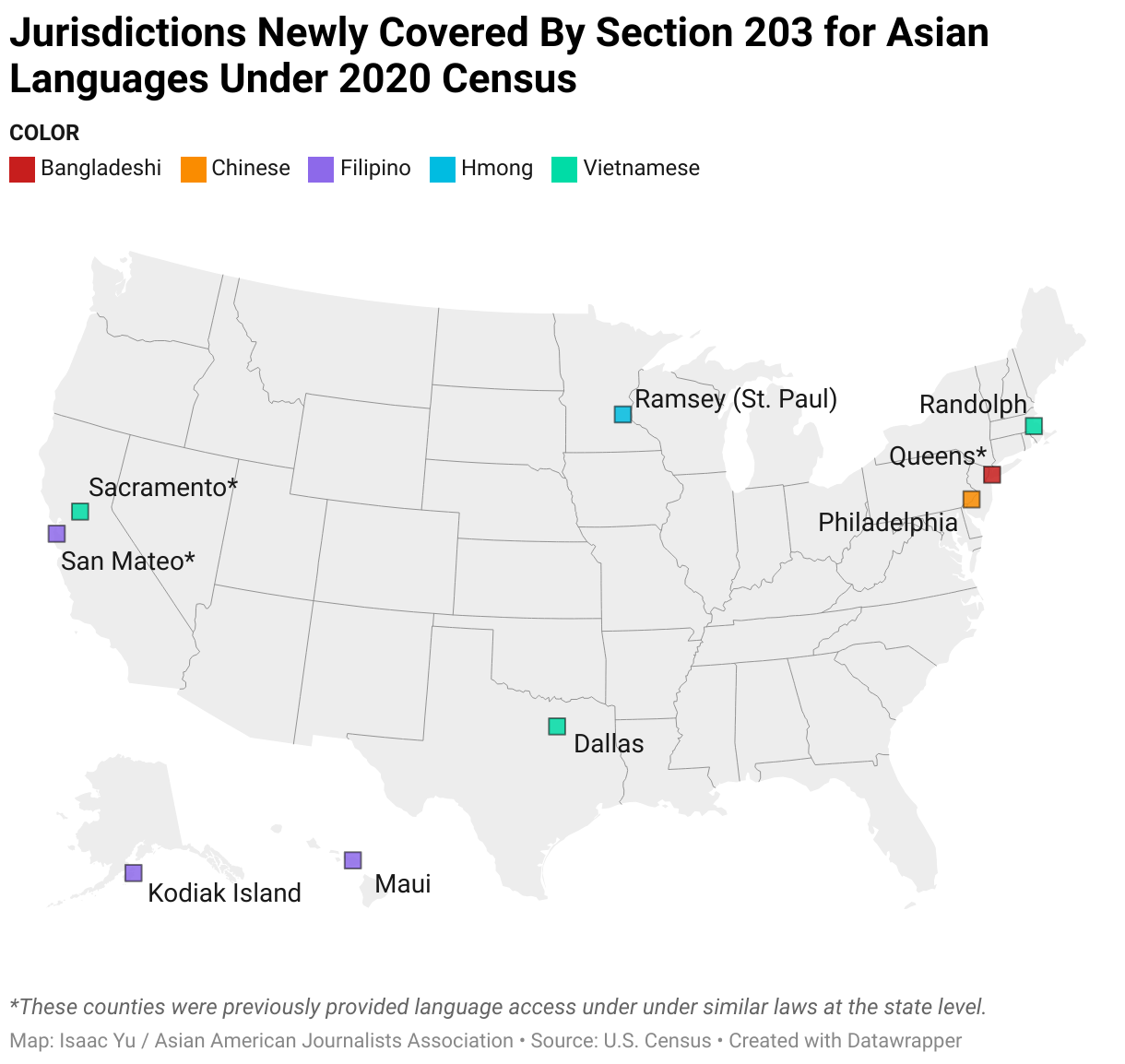 A map showing counties that are now covered by the Voting Rights Act Section 203 for Asian languages under 2020 census numbers