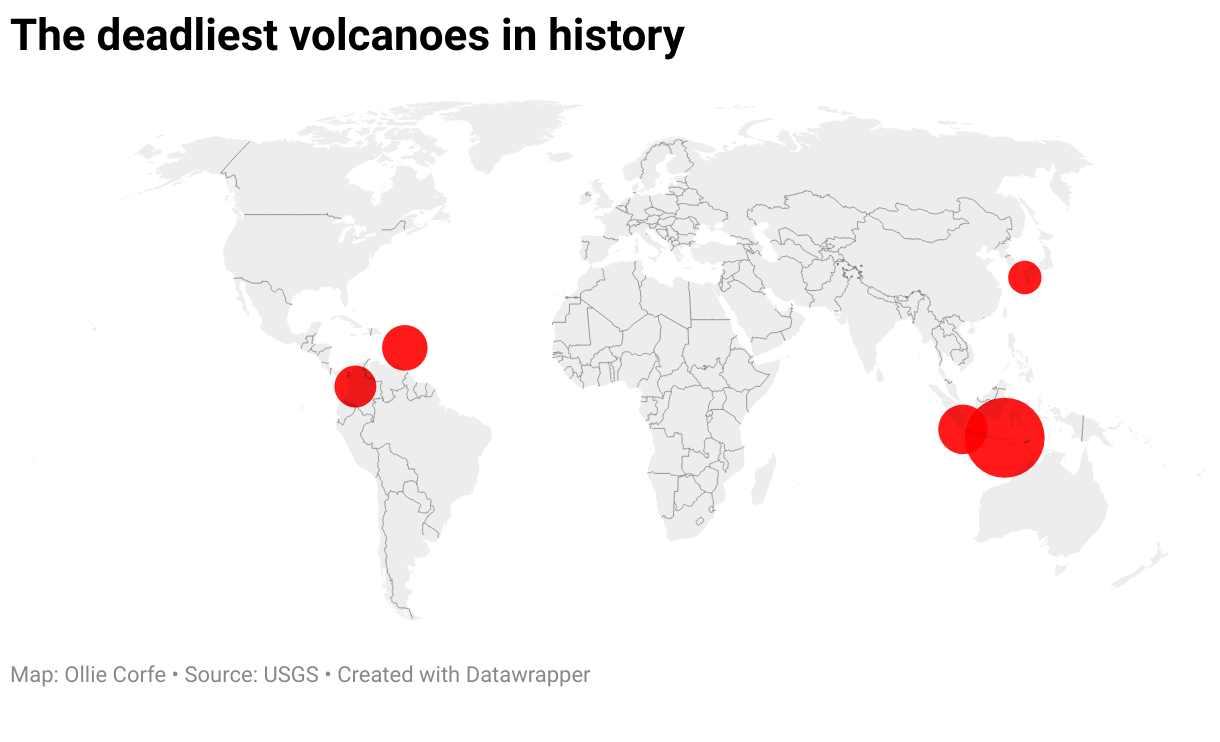 Map of deadliest volcanoes.