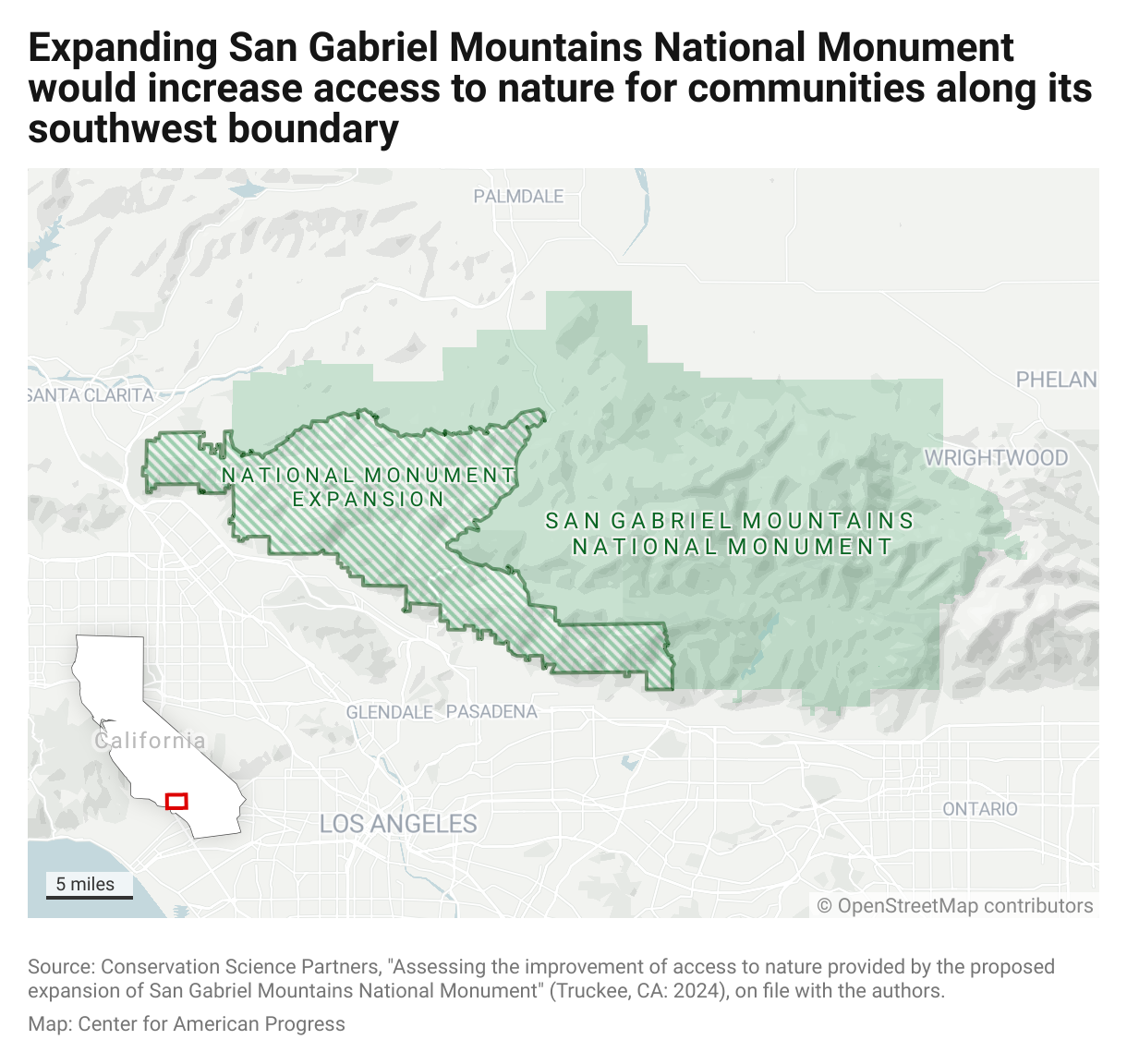 Map showing the monument's existing boundary and the proposed expansion boundary, as well as its location within the state of California, illustrating that the expanded boundary would increase the monument's proximity to the area's highest-density urban communities. 