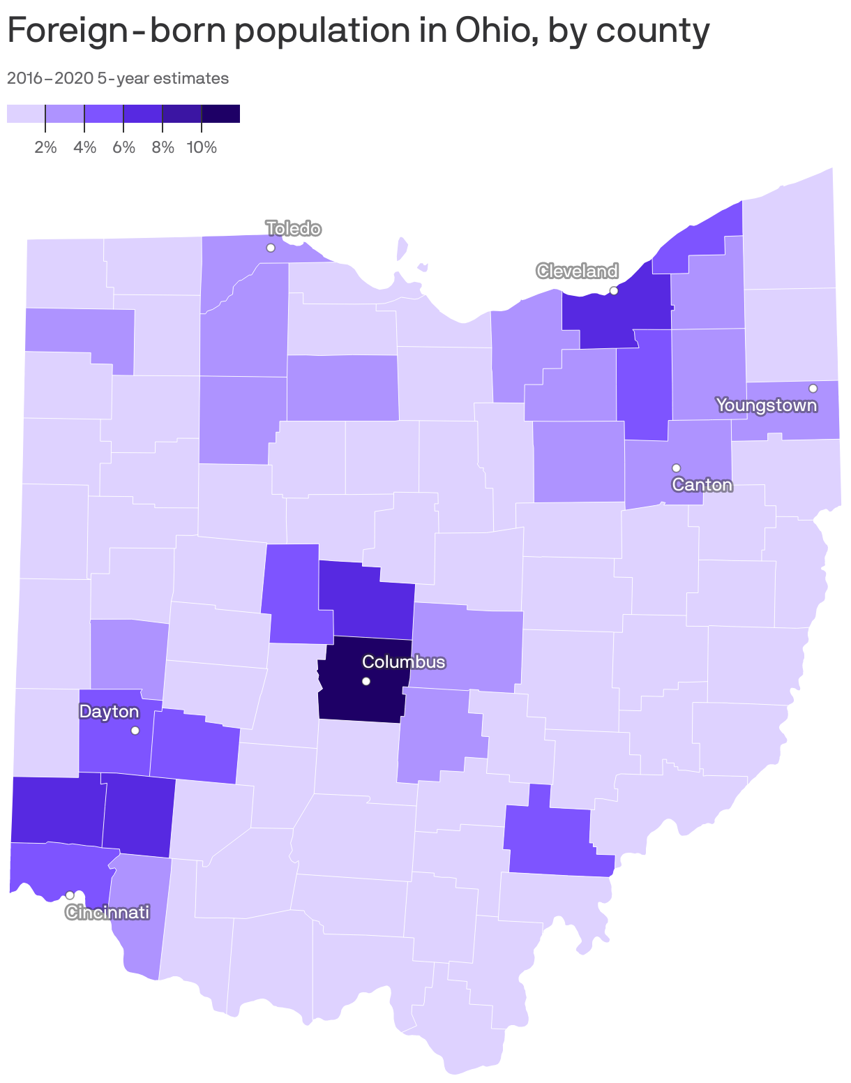 Foreign-born population in Ohio, by county