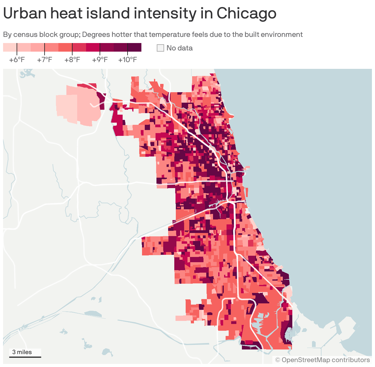 Map of Chicago showing the intensity of urban heat islands by census block group. On average, the city feels 8.7°F hotter due to the built environment.