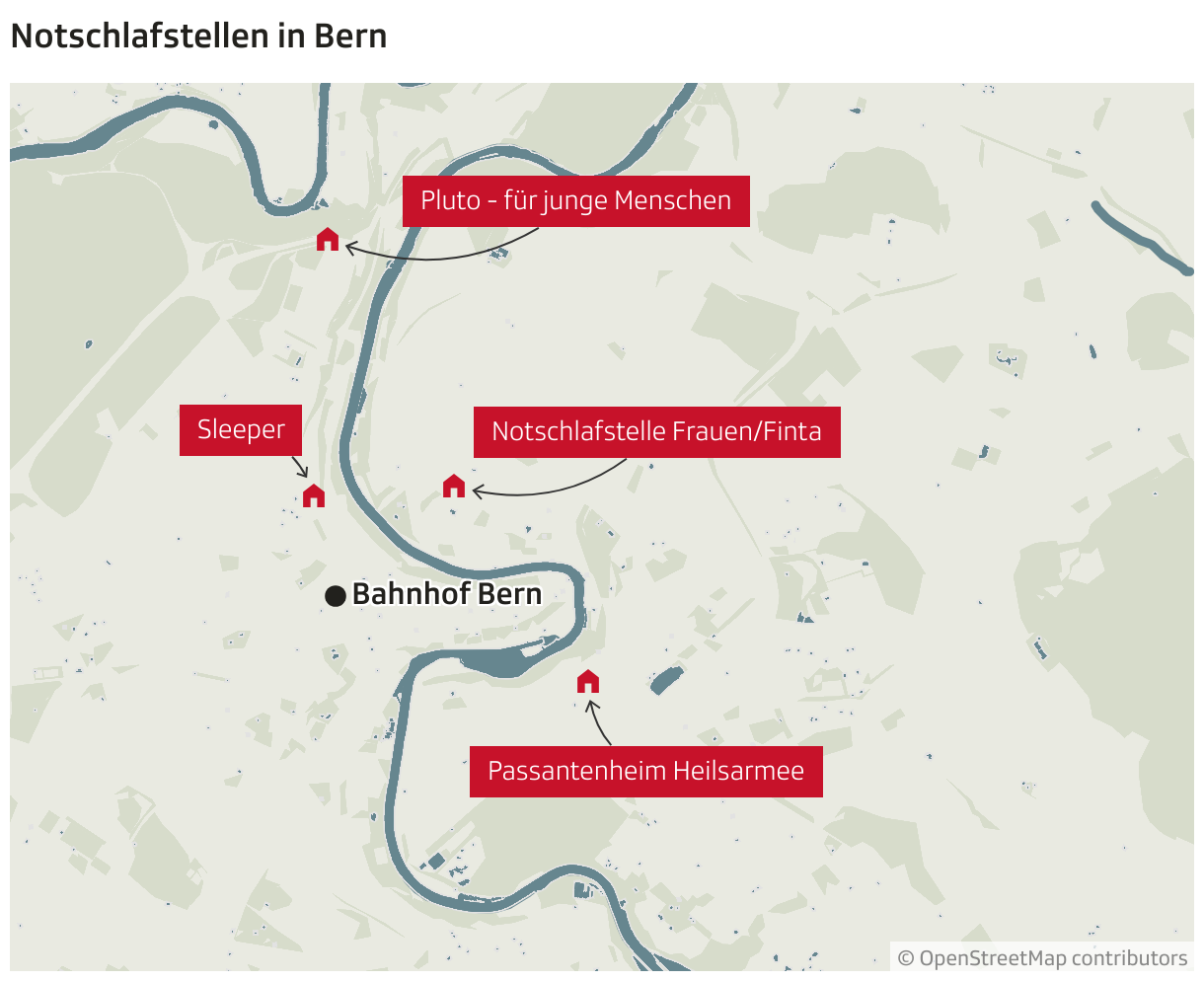 Notschlafstellen in Bern (Locator-Karte)