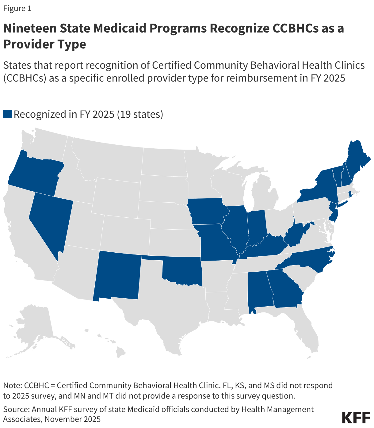 Nineteen State Medicaid Programs Recognize CCBHCs as a Provider Type (Choropleth map)